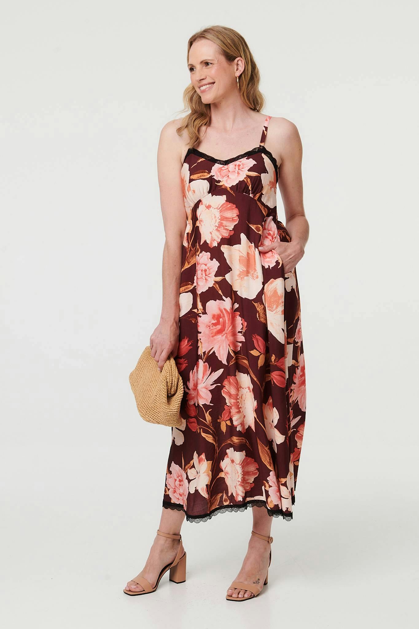 Izabel London Burgundy Floral Sleeveless Lace Trim Maxi Dress - 14