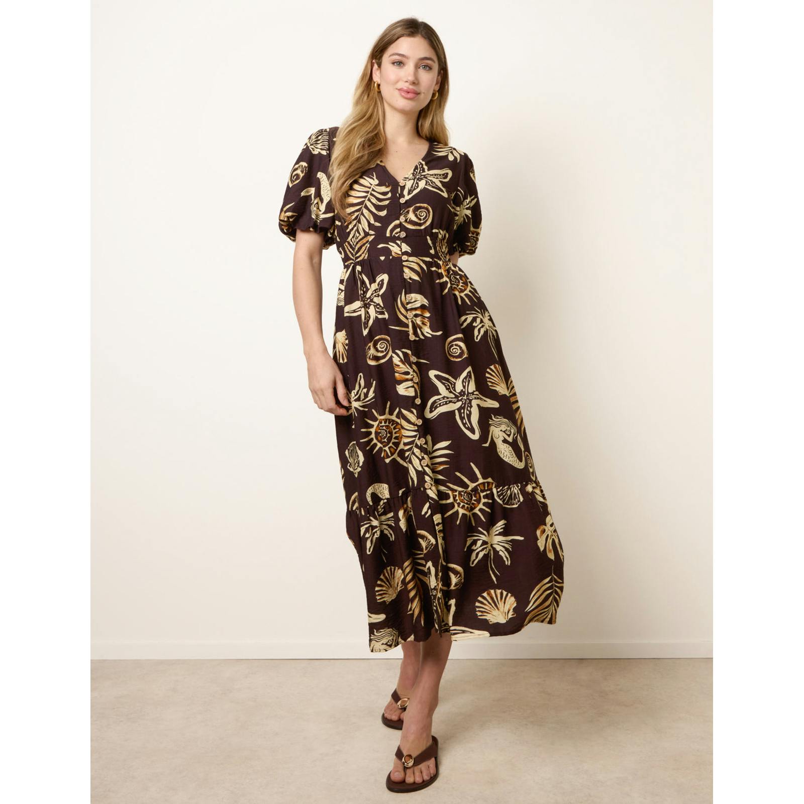 Blue Vanilla Blue/Brown Vanilla Tropical Button Through Midi Dress - S