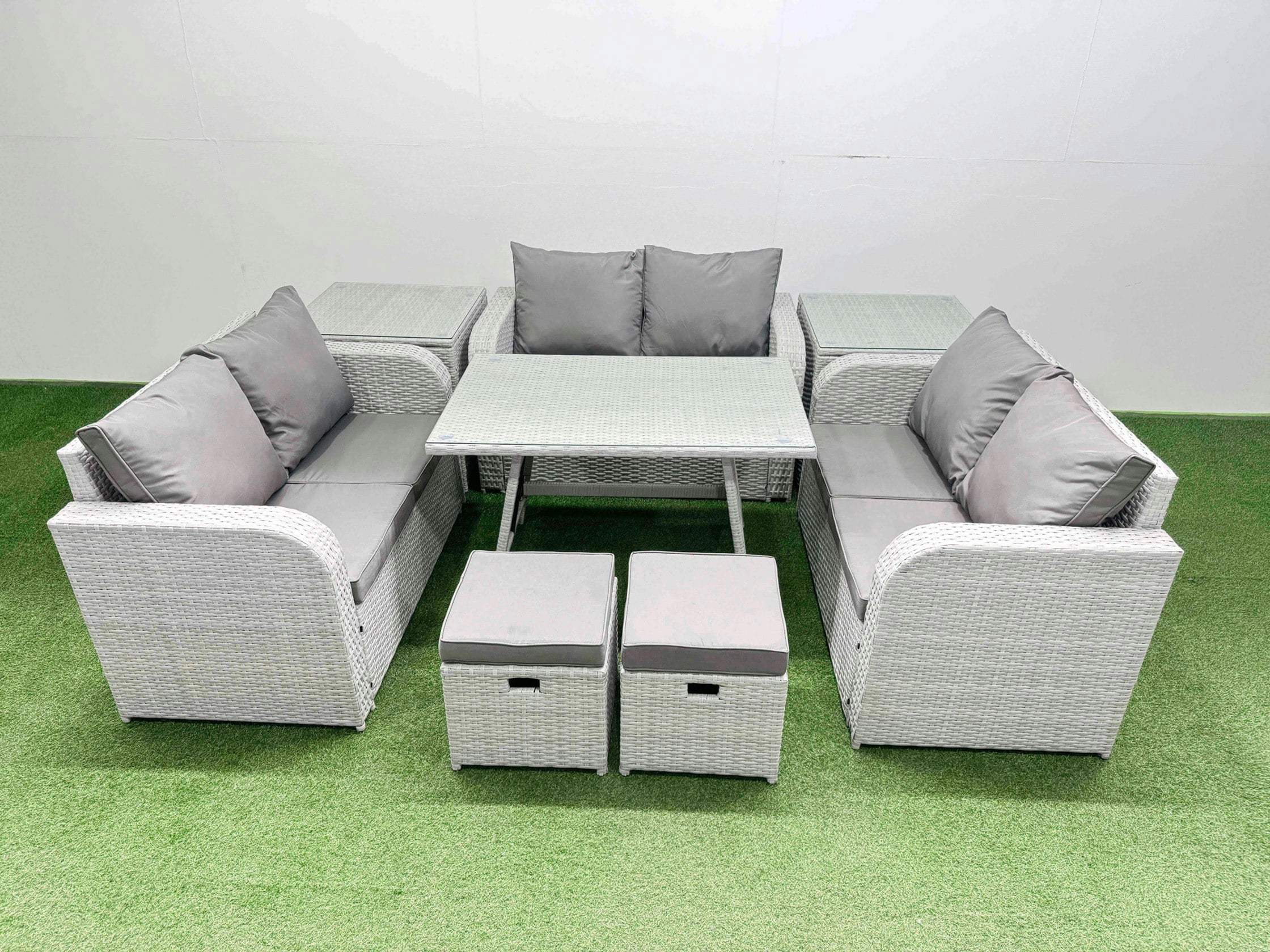 Fimous Rattan Garden Furniture Dining Set 8 Seater Patio Rectangular Table Love Sofa Set With 2 Side Tables 2 Small Stools