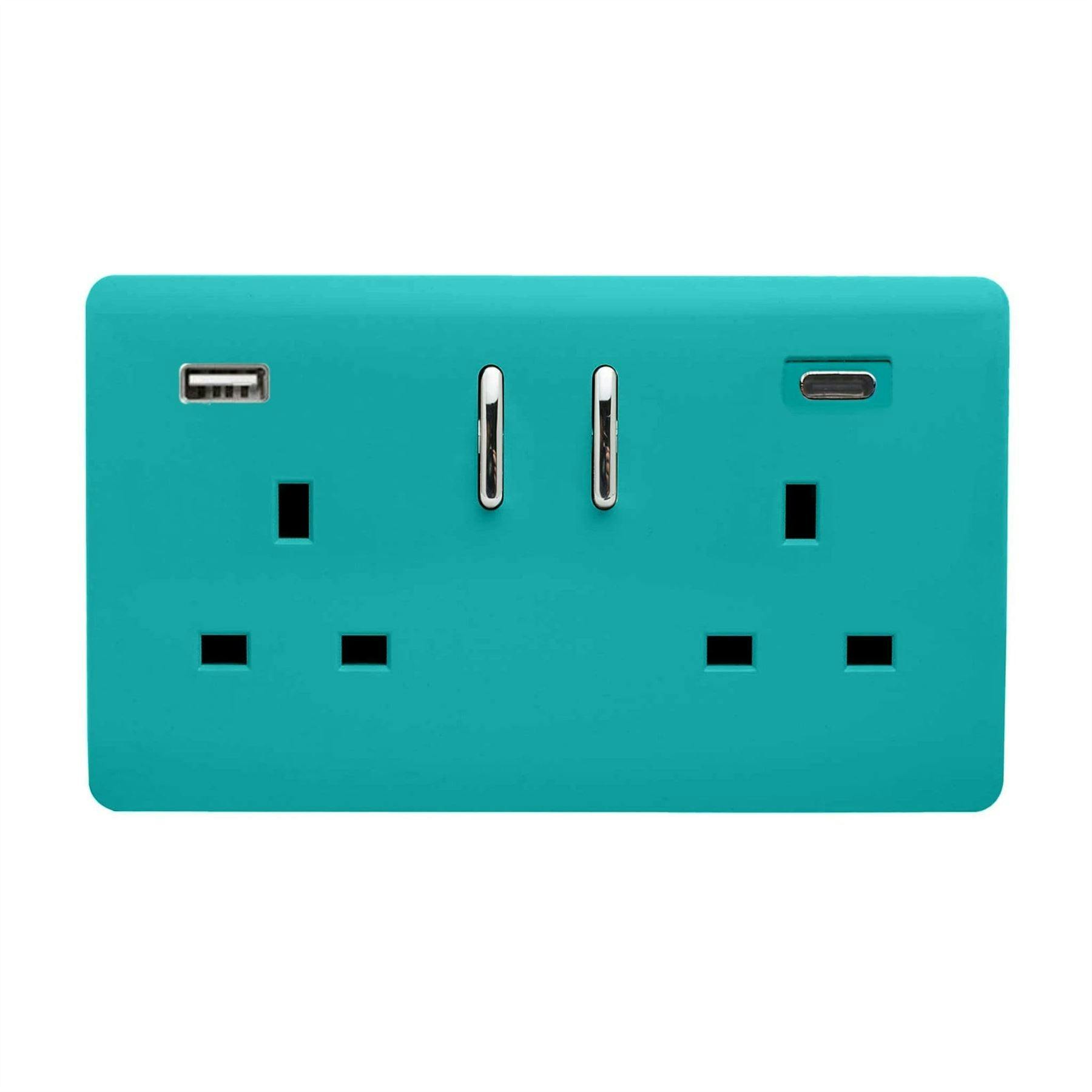 Trendi Switch 2 Gang Usb 3100Ma Type A & C Usb Plug Socket In Bright Teal