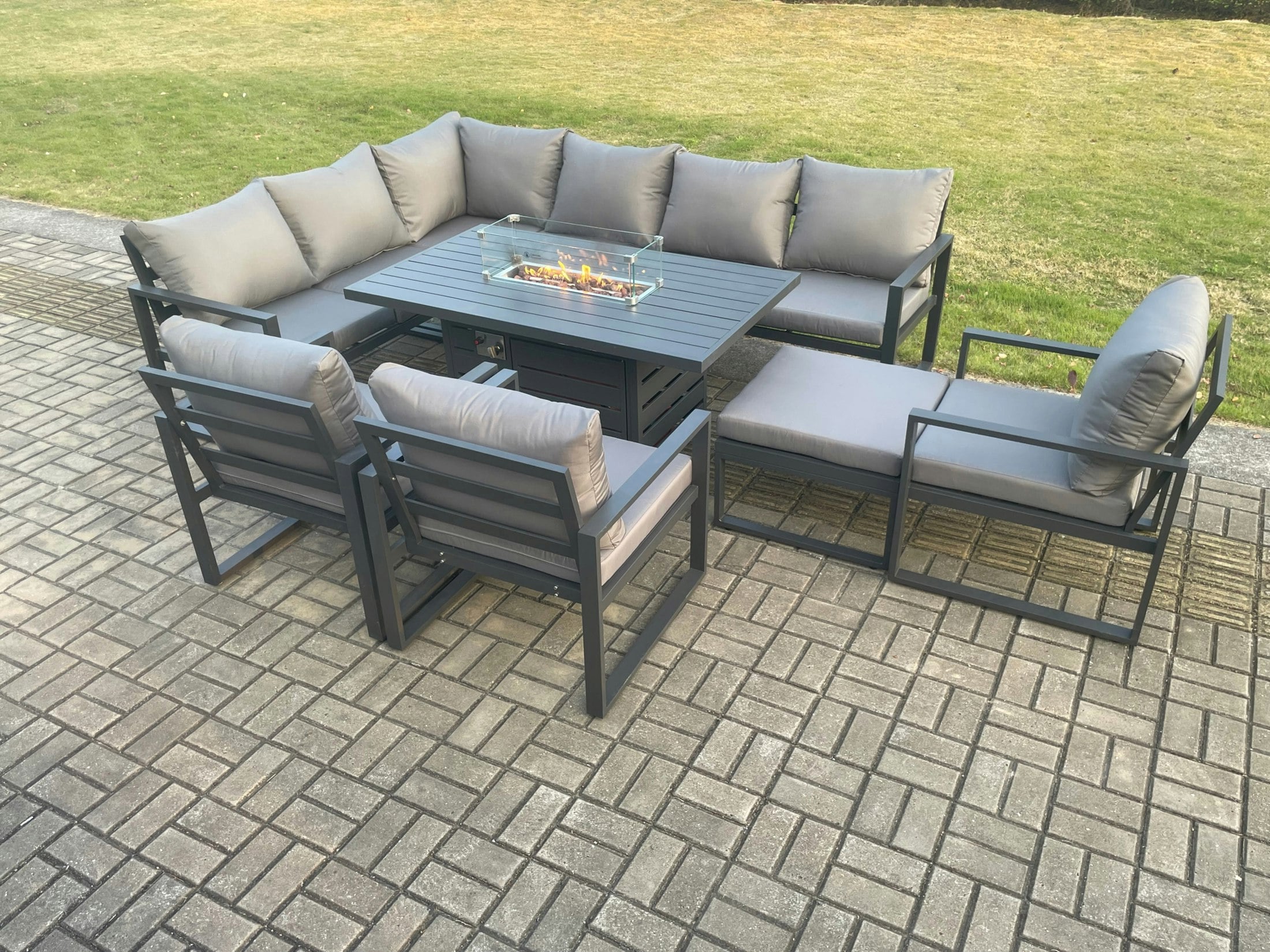 Fimous Dark/Grey Aluminium Outdoor Garden Furniture Corner Sofa Gas Fire Pit Dining Table Sets Gas Heater Burner With 3 Chairs Big Footstool 10 Seater