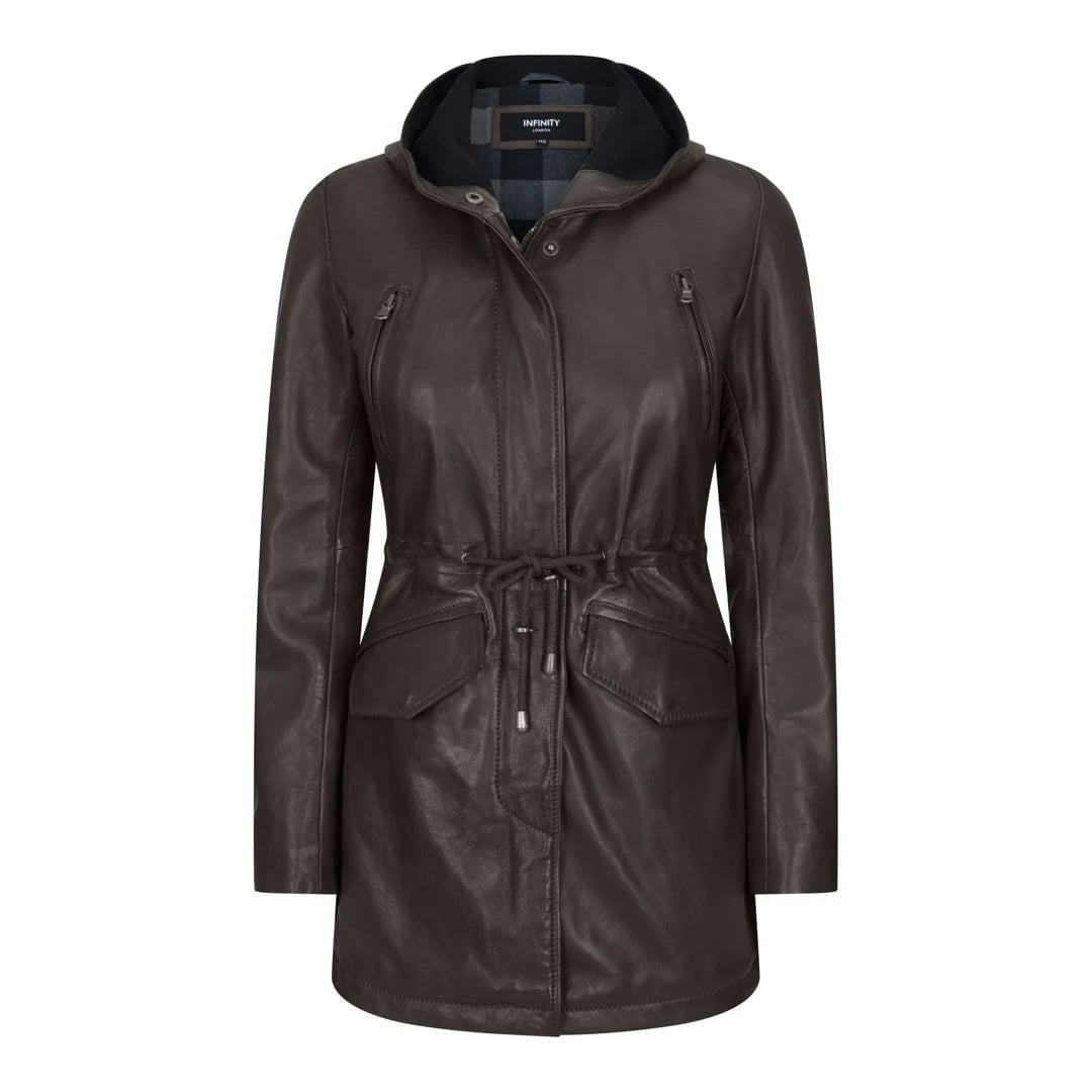 Infinity Leather Women's Blue/Brown Leather Company Leather Peacoat Hooded Parka Jacket Navy - Uk 18