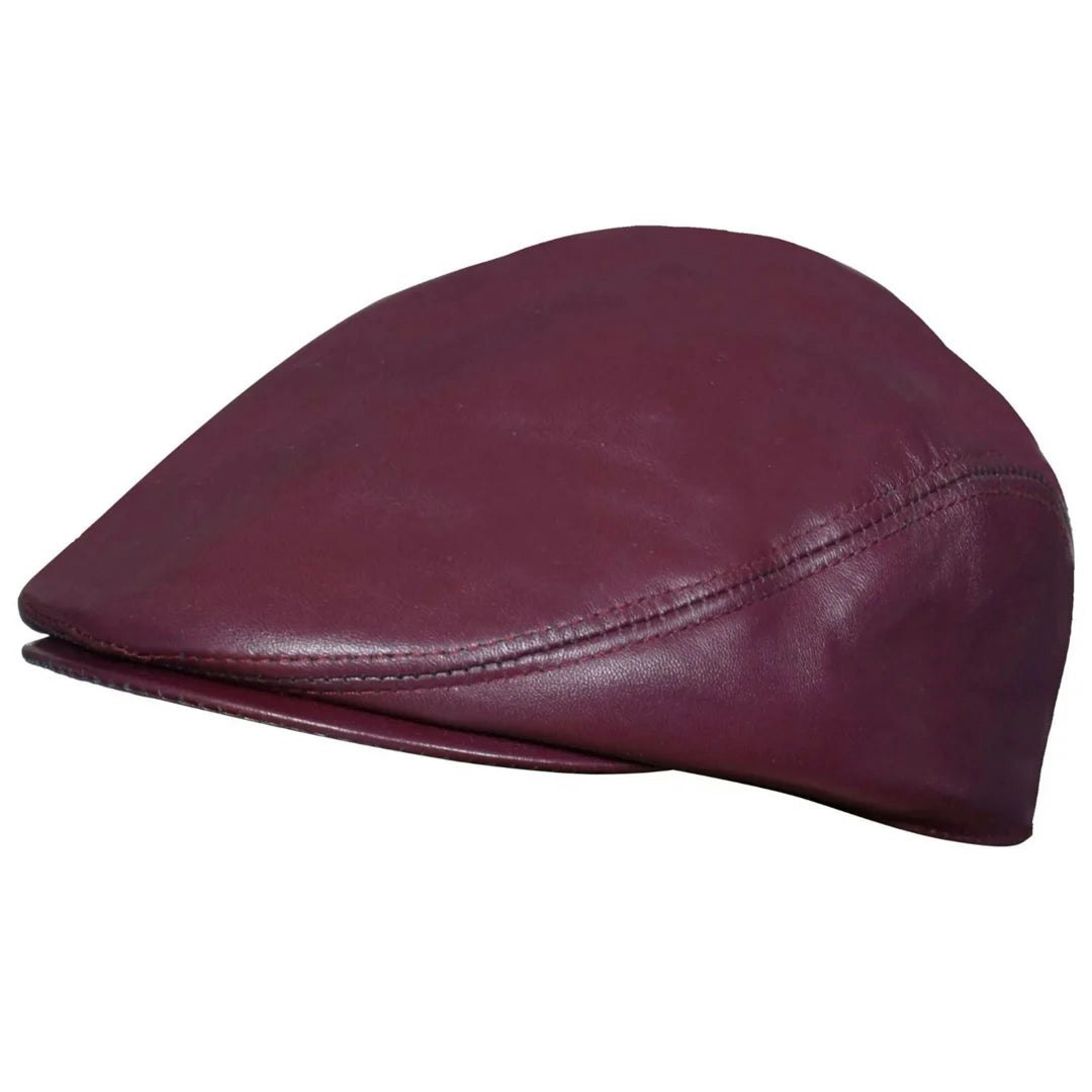 Infinity Leather Men's Burgundy Real Leather Ivy Newsboy Peaked Flat Cap - 60