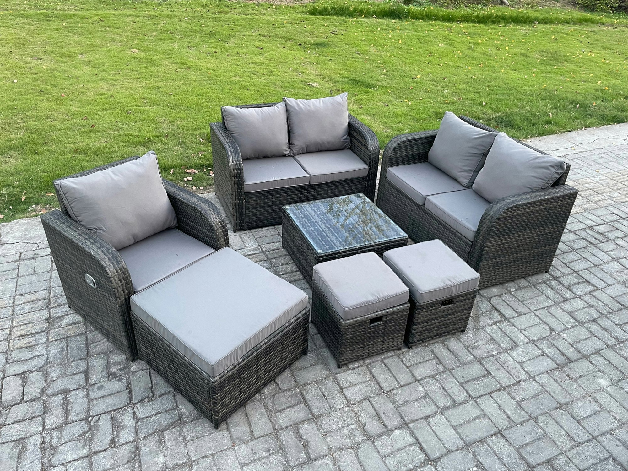 Fimous Dark/Grey 7 Piece Garden Furniture Sets 6 Seater Outdoor Patio Furniture Set Weaving Wicker Rattan Sofa Chair And Table With 3 Footstools
