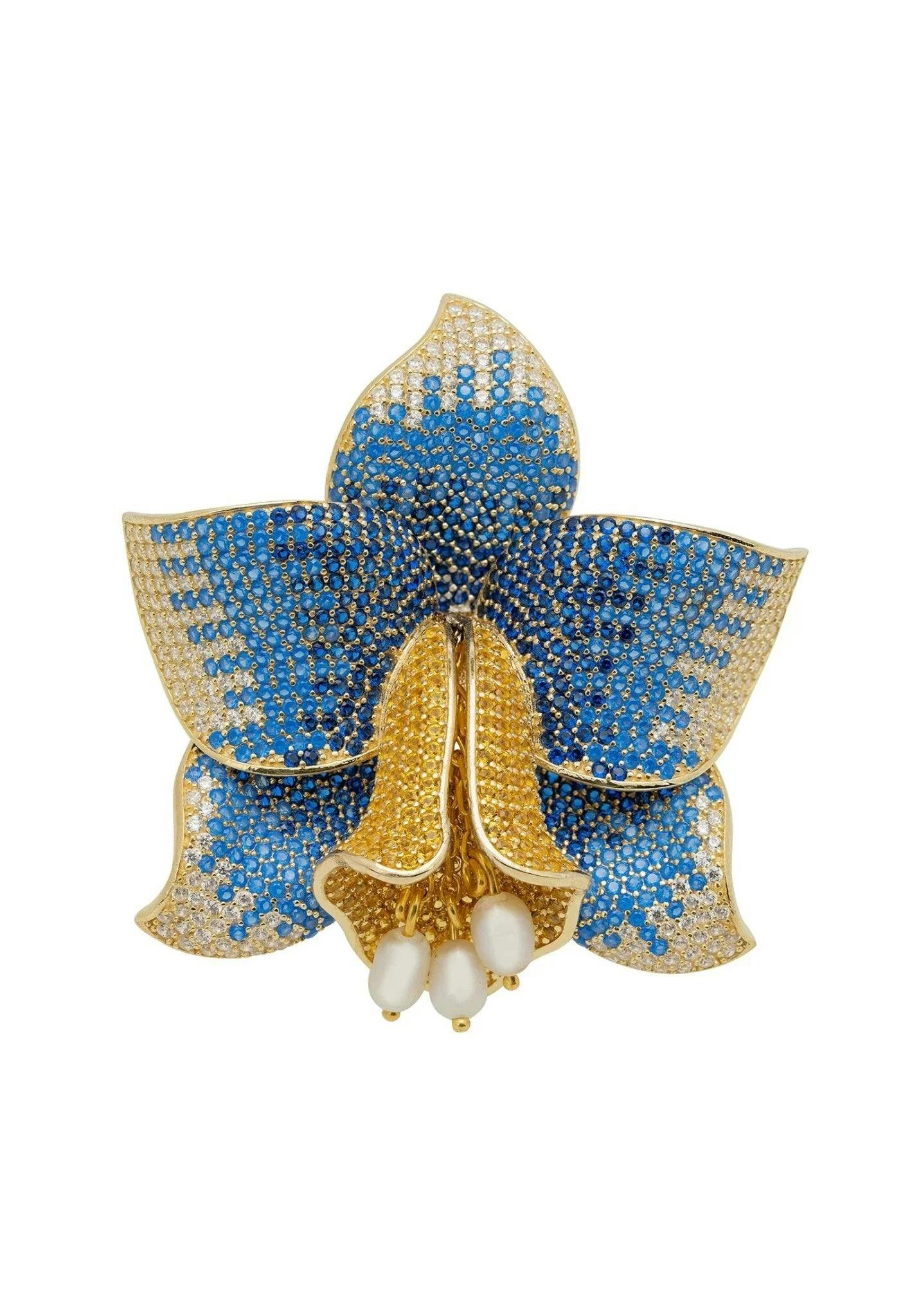 Latelita Gold Daffodil With Pearls Cocktail Ring Sapphire Cz