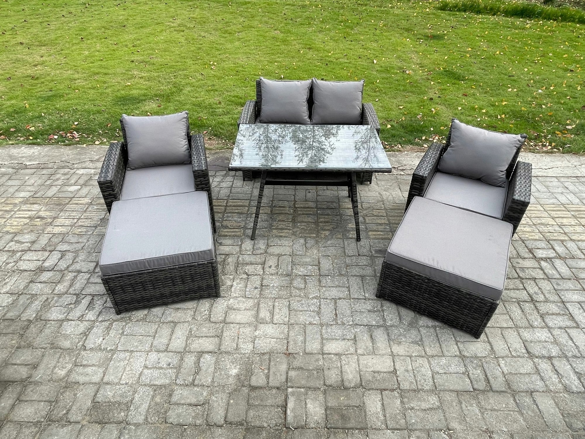 Rackhams Dark/Grey Outdoor Garden Dining Set - Mixed Pe Wicker Rattan Sofa With Rectangular Table, Double Seat Sofa & 2 Armchairs