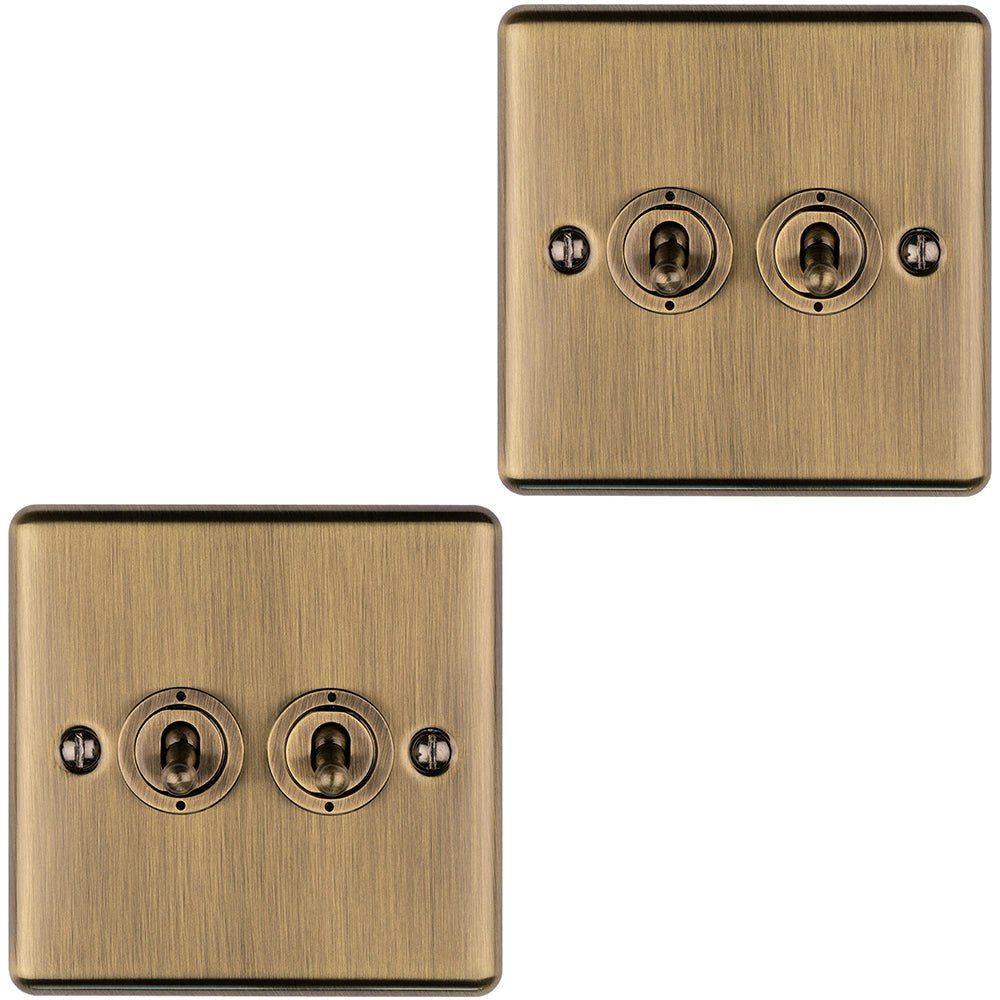 Rackhams Light Pack Gang Double Retro Toggle Switch Antique Brass 10A Way Plate Size 2