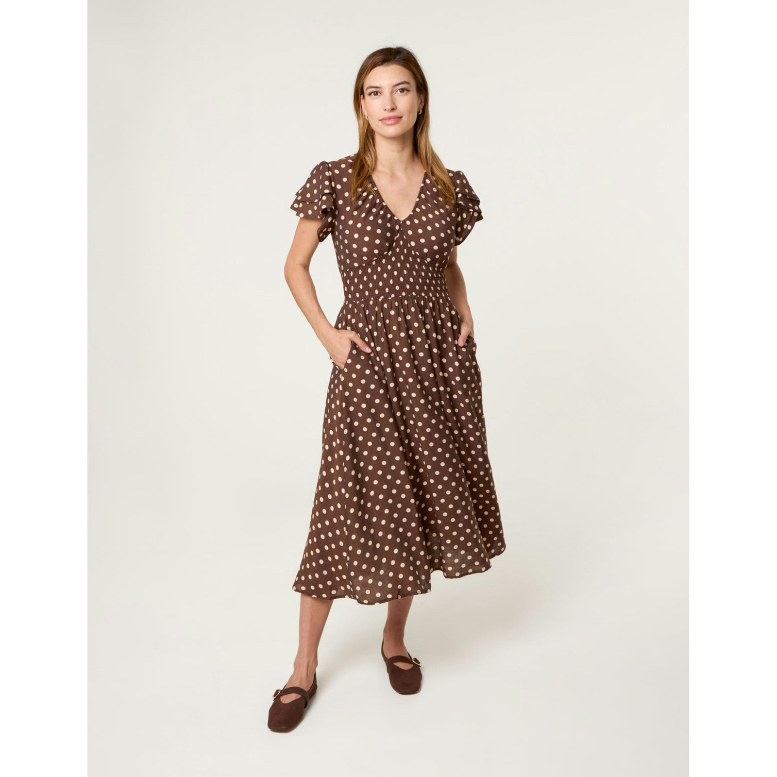 Blue Vanilla Blue/Brown Vanilla Polka Dot Double Frill Shirred Midi Dress - L