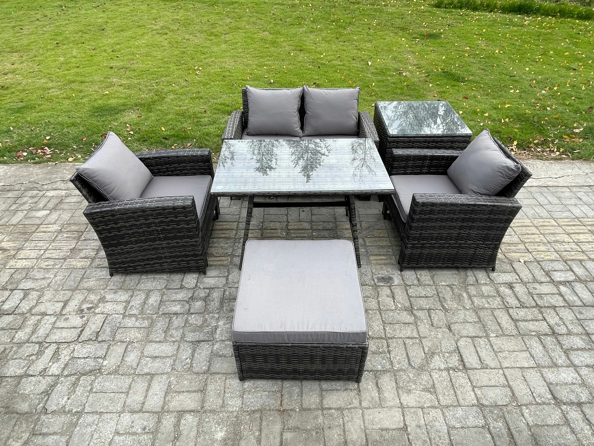 Fimous Dark/Grey Outdoor Garden Furniture High Back Rattan Sofa Dining Table Set With Big Footstool Side Table Mixed