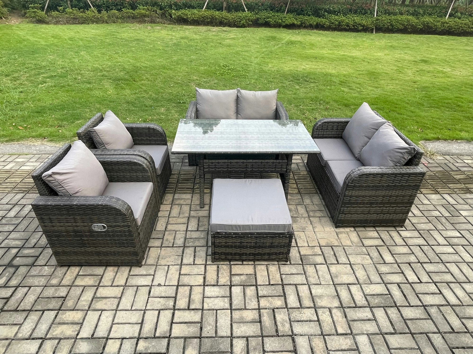 Fimous Dark/Grey Rattan Outdoor Furniture Garden Dining Set Rectangular Table And Chair Sofa Set With Big Footstool Mixed