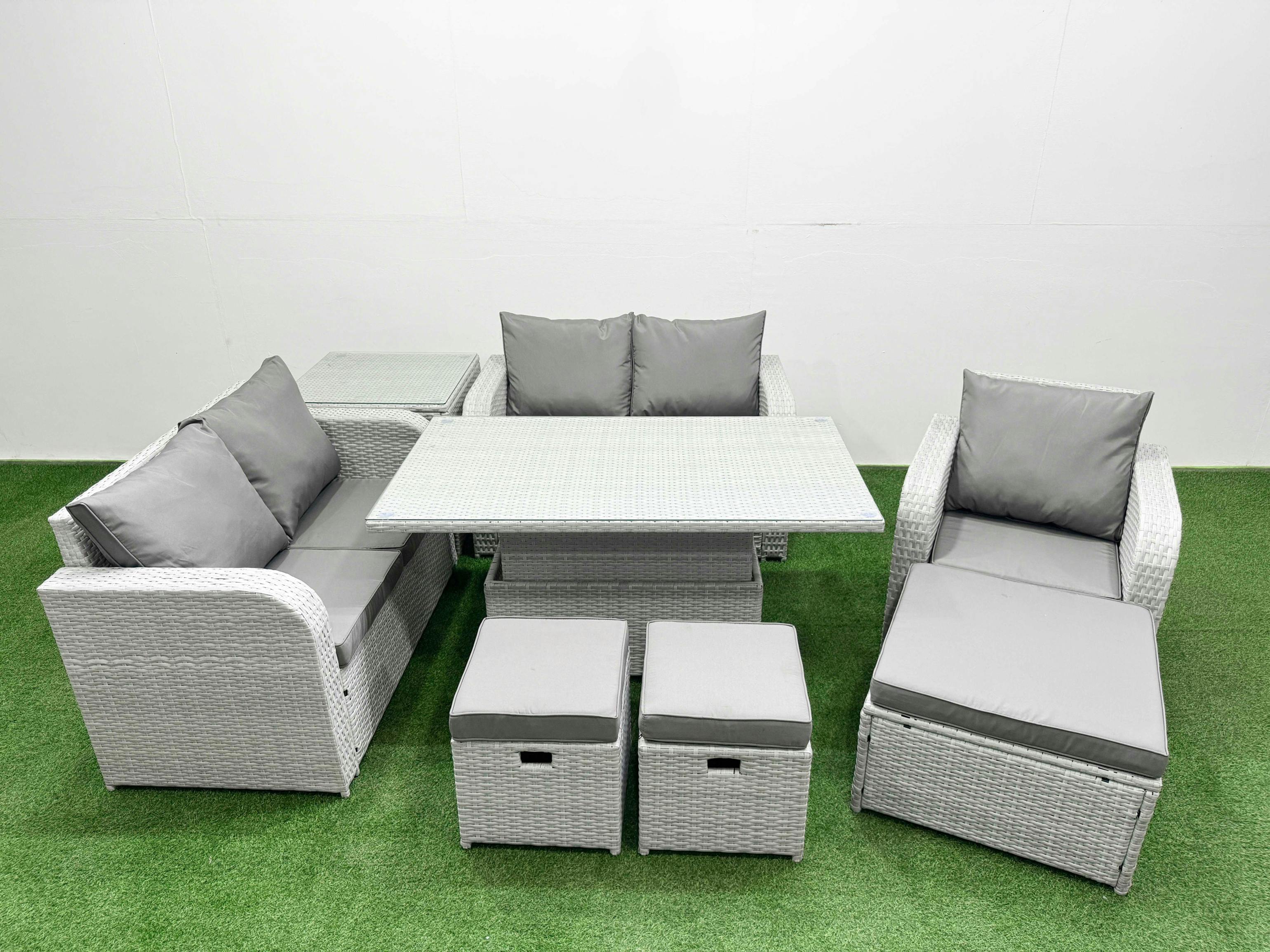 Fimous Light/Grey High Back Poly Rattan Garden Furniture Set, Adj Height Table, Reclining Loveseat, Indoor Outdoor Patio, 3 Stools And Side Table,