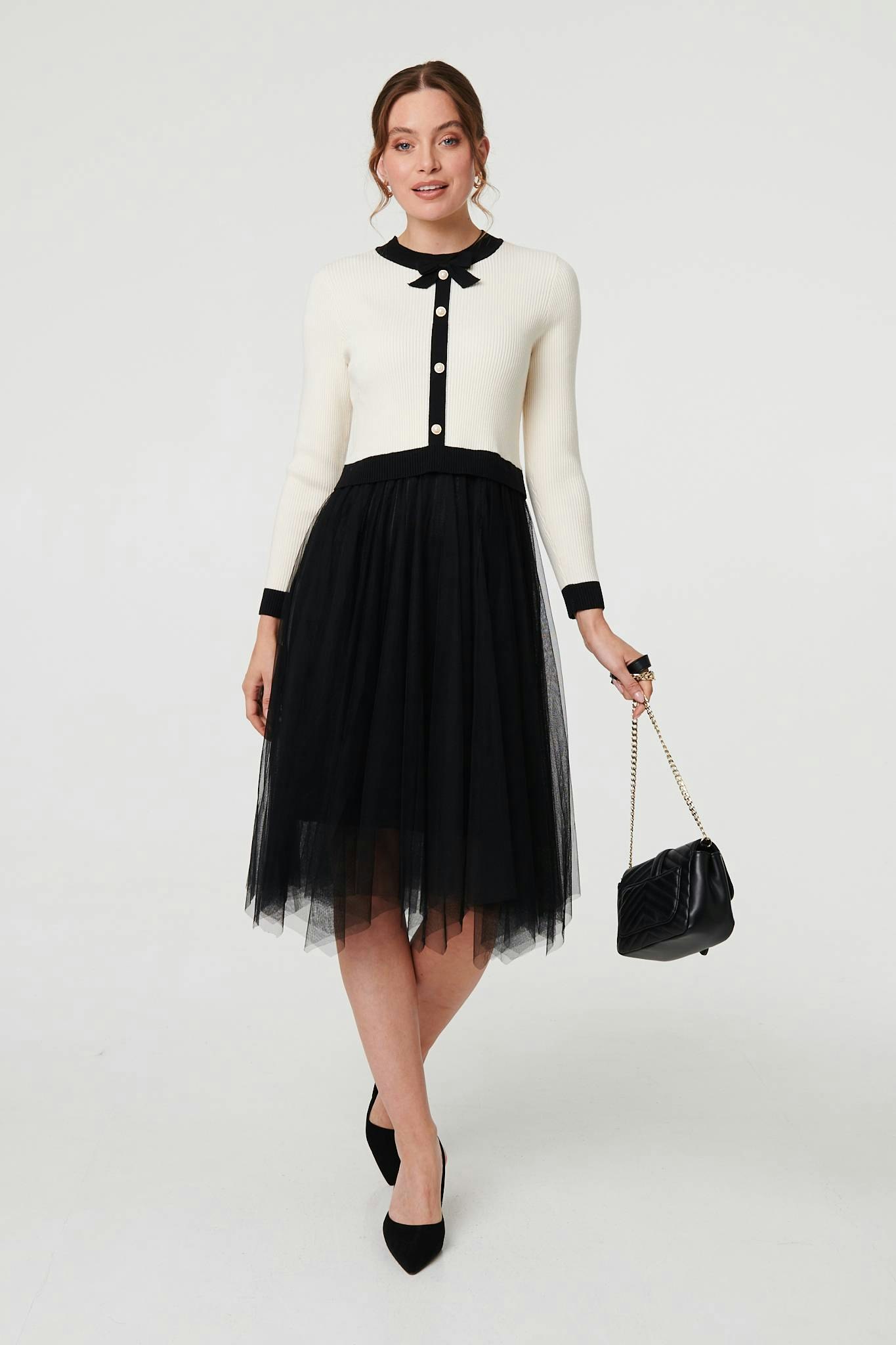 Izabel London Black/White Button Front Mesh Textured Jumper Dress - 8 - And
