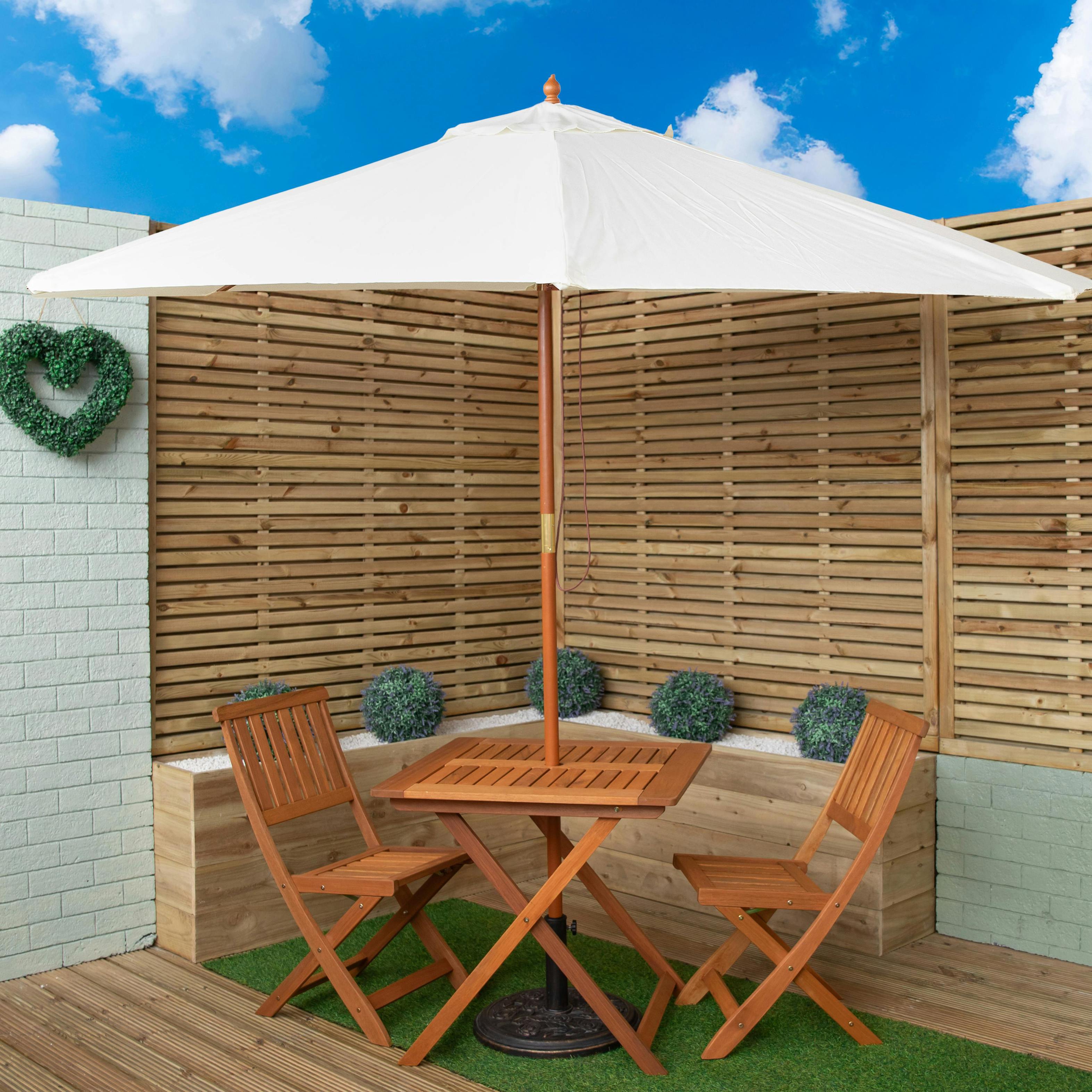 Rackhams Cream Outdoor 2 Person Folding Wooden Garden Dining Table Chairs Parasol And Base Set - Outdoor Furniture Sets