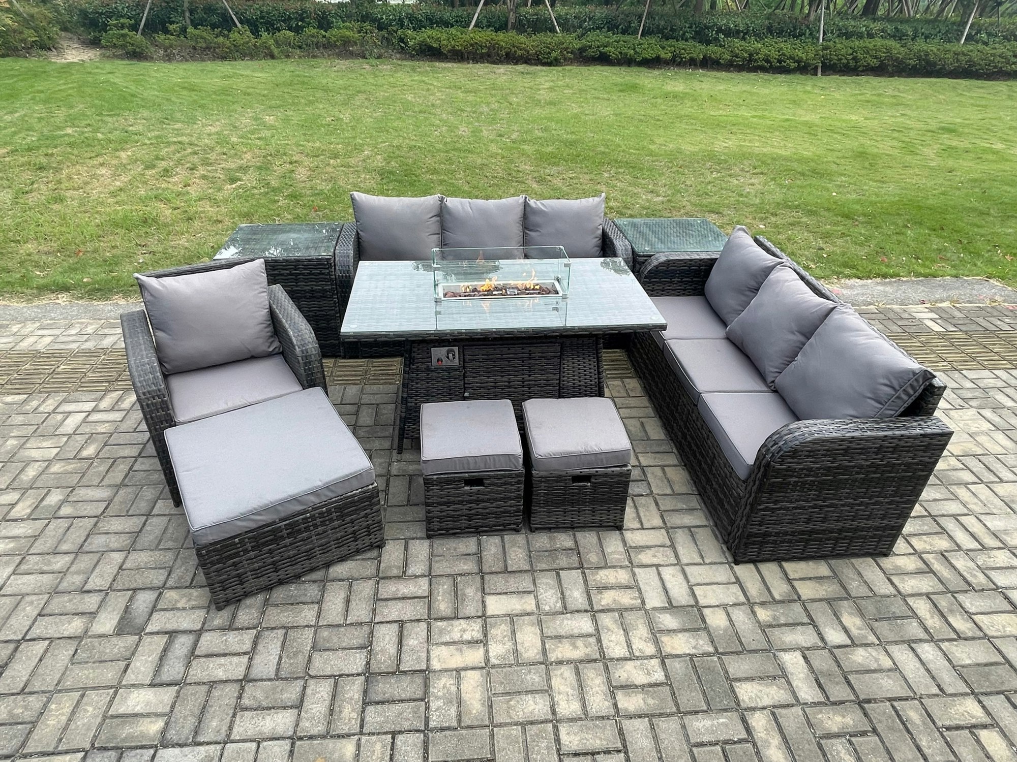 Fimous Dark/Grey Rattan Outdoor Garden Furniture Set With Gas Fire Pit Dining Table, 1 Chair, 2 Sofas, 2 Side Tables, 3 Footstools - 10 Seater