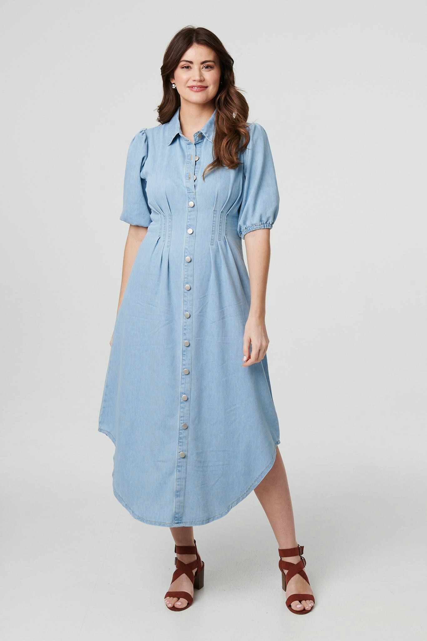 Izabel London Indigo Denim 1/2 Puff Sleeve Ruched Maxi Shirt Dress - 14
