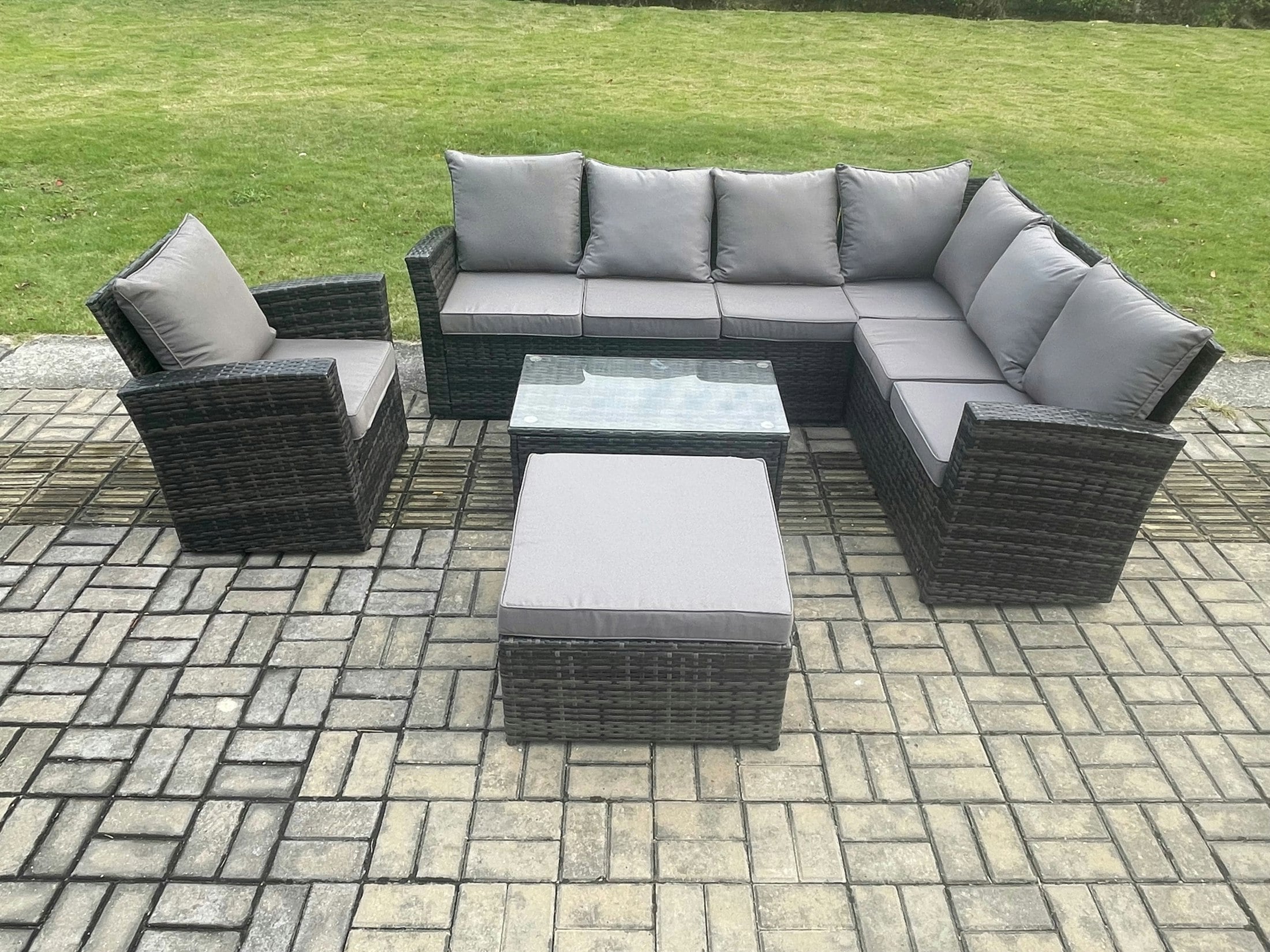Fimous Dark/Grey 8 Seater High Back Outdoor Garden Furniture Set Rattan Corner Sofa Set With Rectangular Coffee Table Big Footstool Armchair Mixed