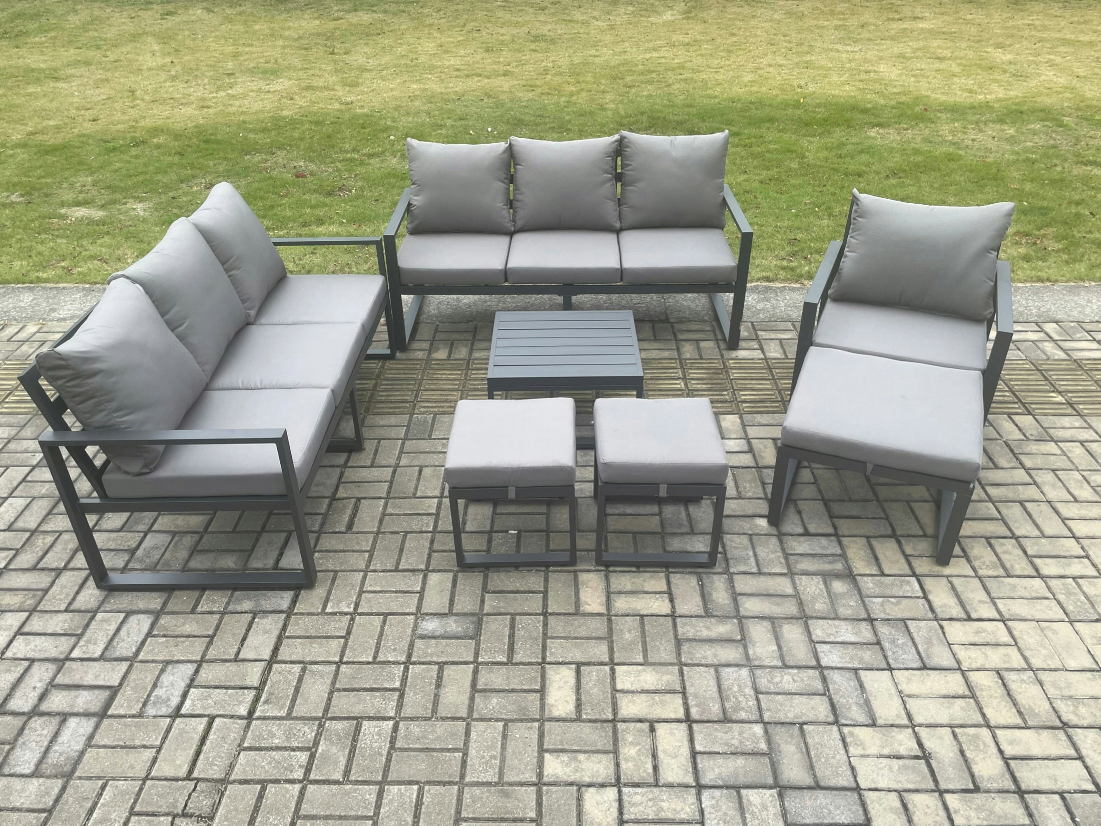 Fimous Dark/Grey Aluminium Outdoor Lounge Sofa Set Garden Furniture Sets With Square Coffee Table Chair 3 Footstools