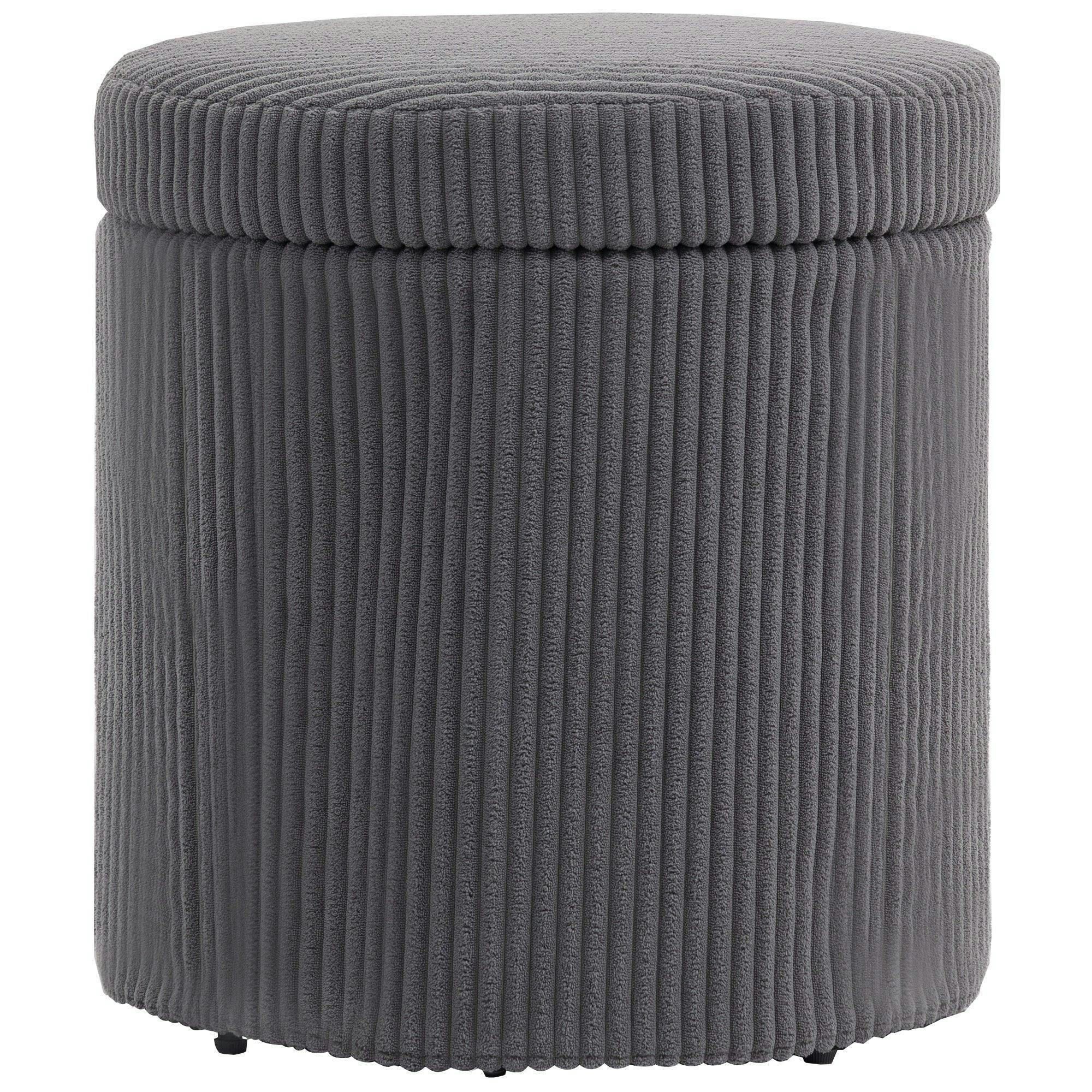 Rackhams Grey 40Cm Round Storage Ottoman, Corduroy Footstool With Removable Lid And Legs, Vanity Stool For Living Room, Bedroom,