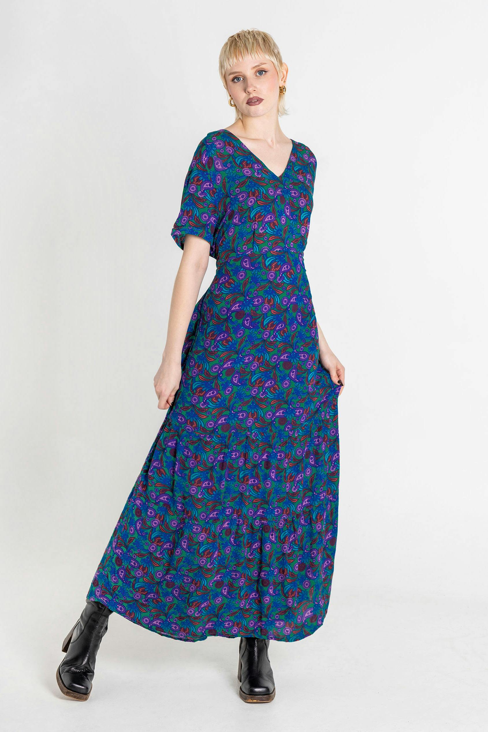 Enorsia Women's Green Paisley Tiered Maxi Dress In | : Size 8 - Image 2