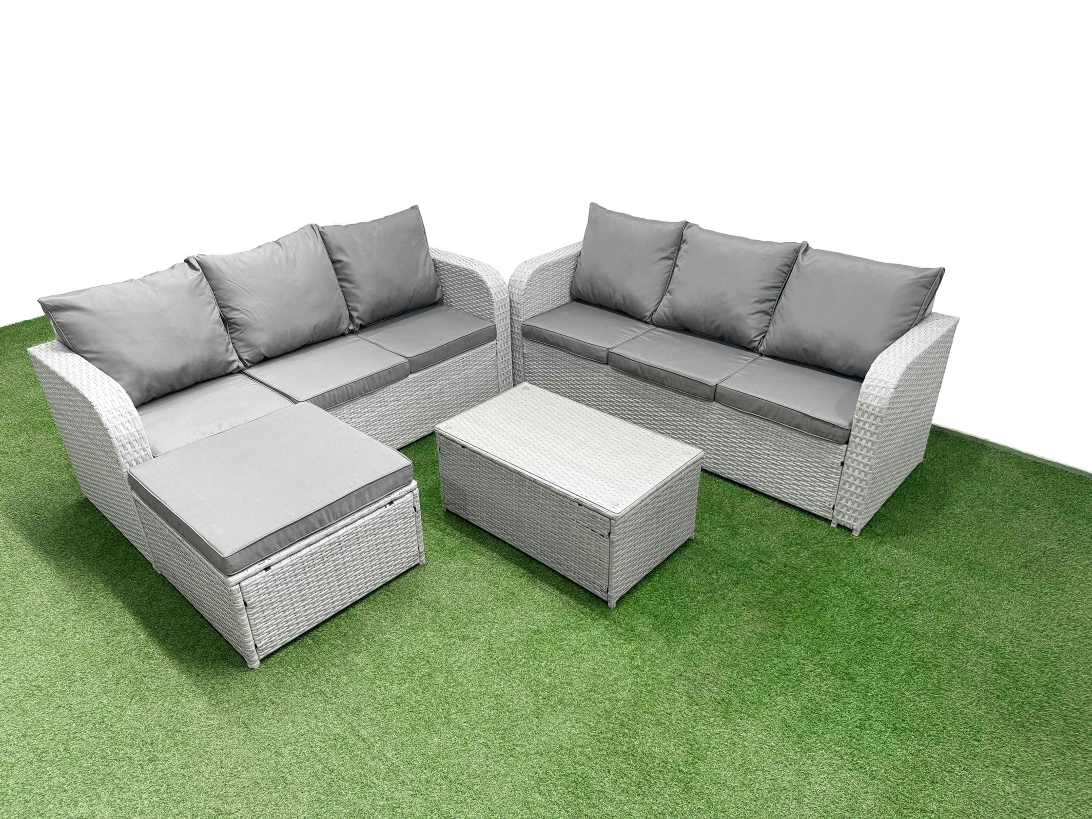 Rackhams Light/Grey 7-Seater High Back Rattan Garden Sofa Set - Wicker Outdoor Furniture With Rectangular Coffee Table & Big Footstool