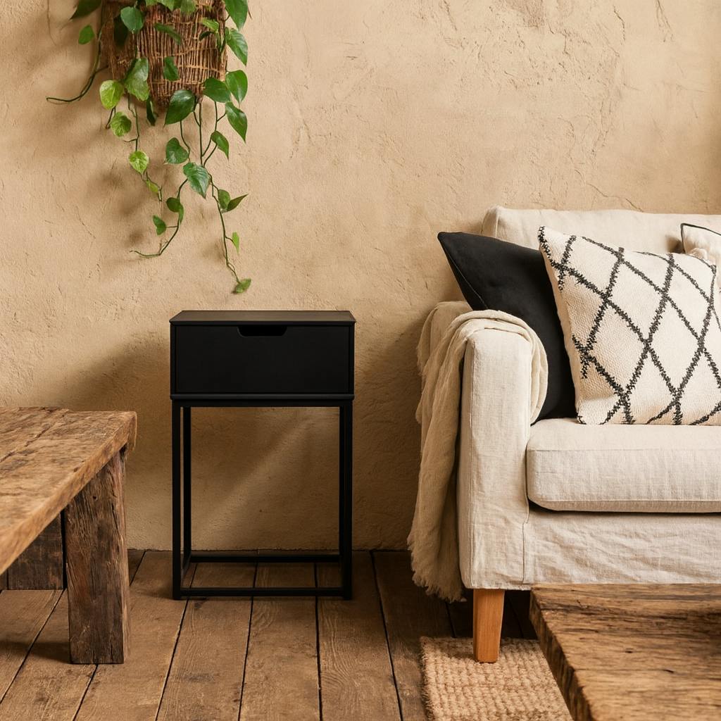 Wyld Haus Black Tokyo Bedside Table 1 Drawer Industrial Metal Legs
