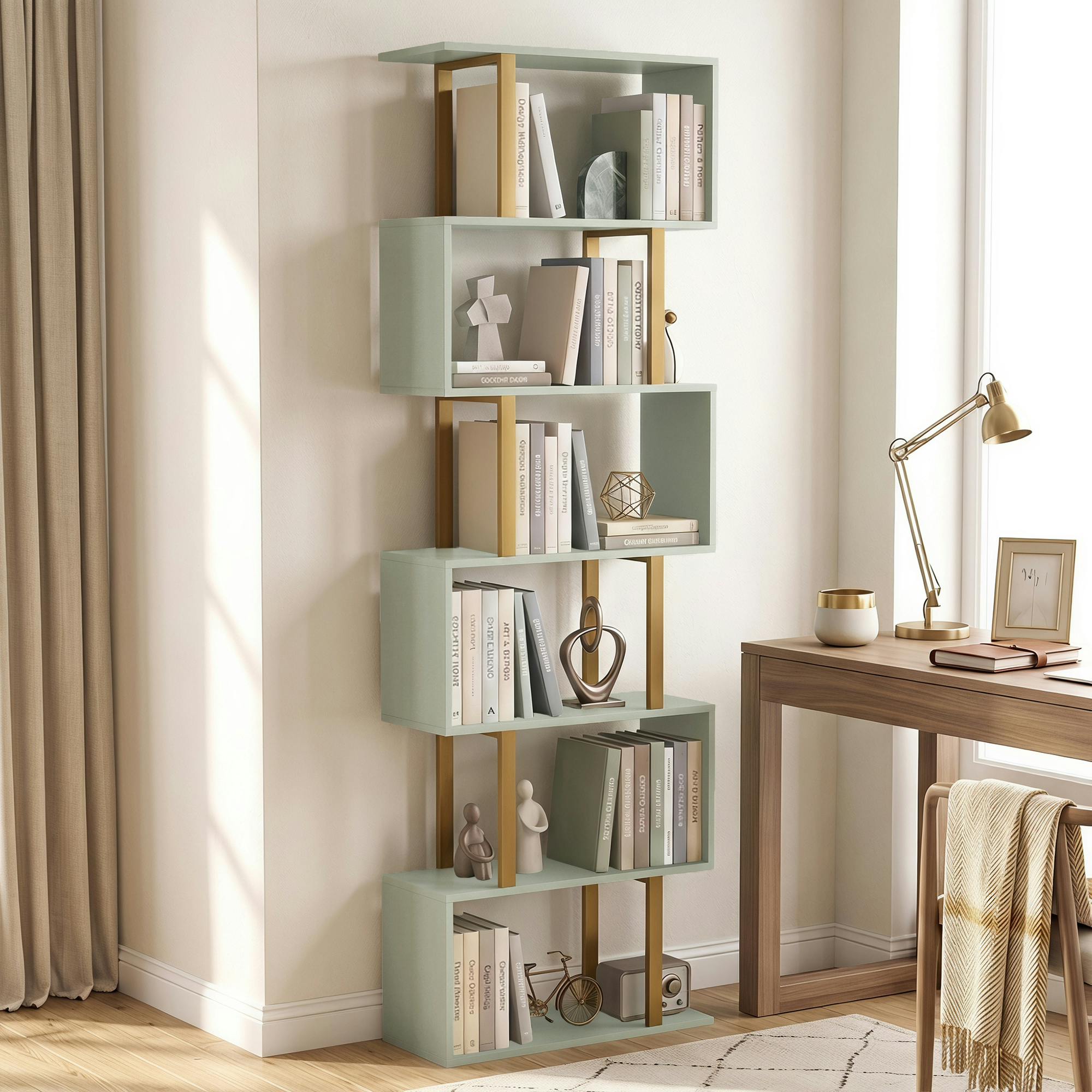 Homcom Light/Green S-Shaped Bookshelf, 5-Tier Bookcase With Anti-Tip Strap, - 23.5