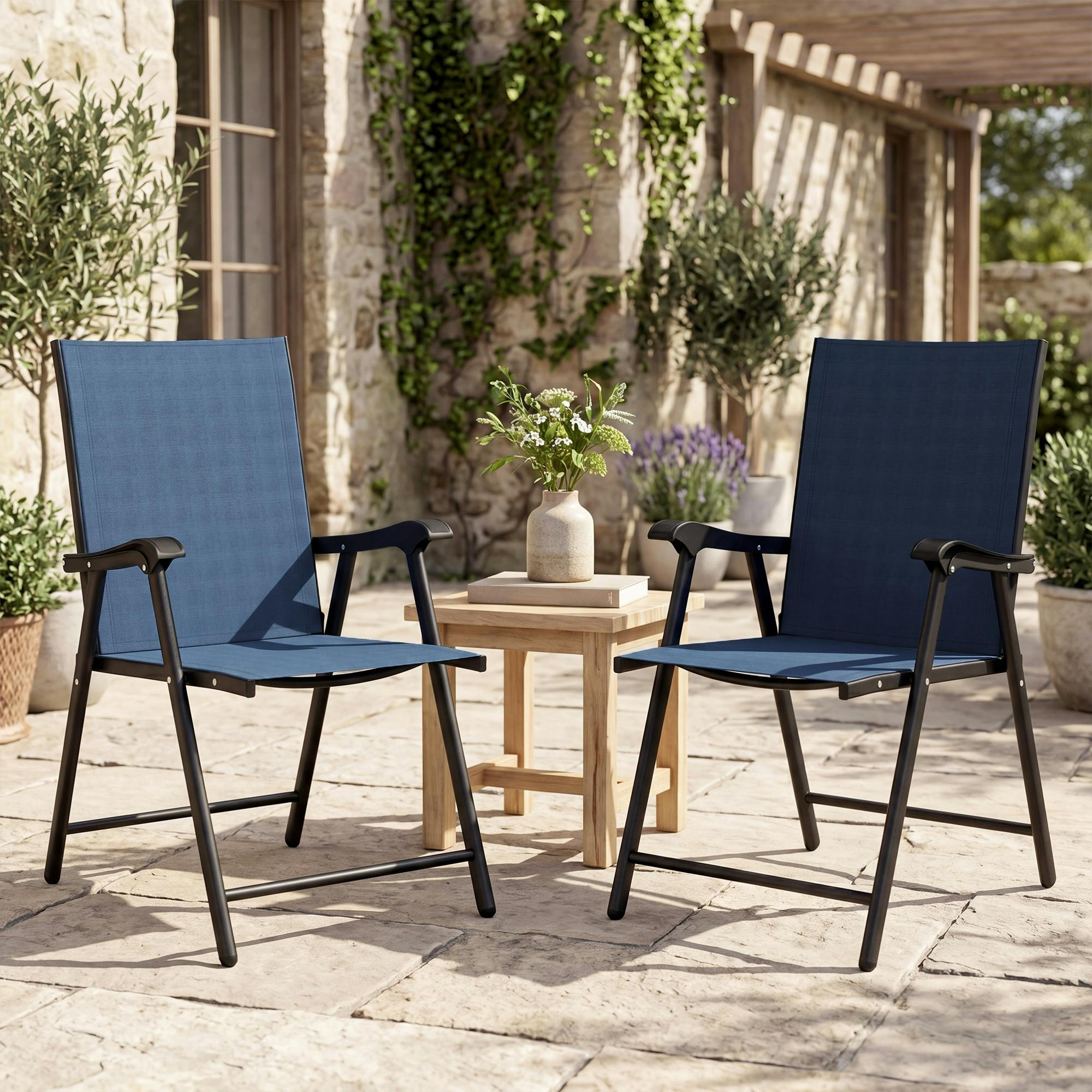 Outsunny Dark/Blue Folding Garden Chairs Set With High Back, Armrests - 2