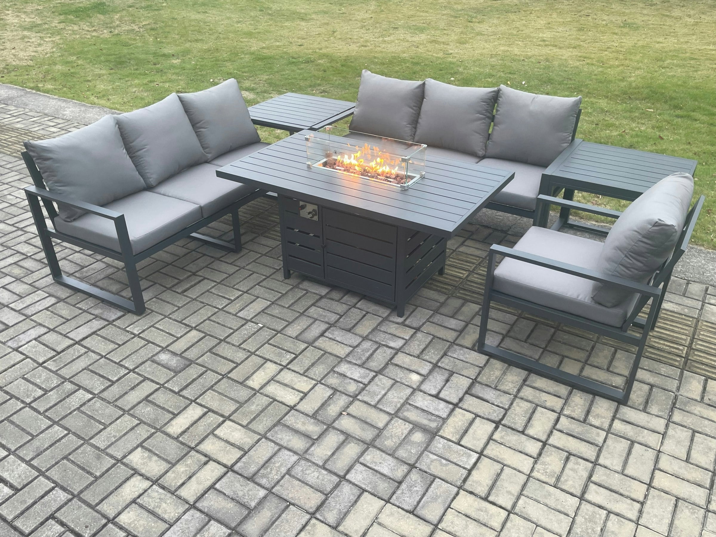 Fimous Dark/Grey Aluminium Outdoor Lounge Sofa Garden Furniture Sets Gas Fire Pit Dining Table Set With 2 Side Tables