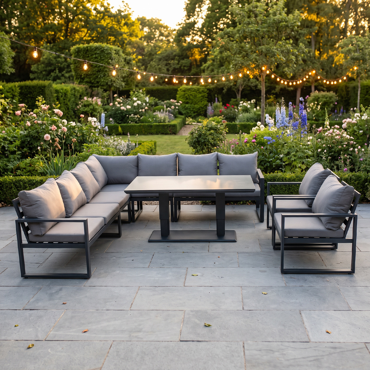 Rackhams Dark/Grey 9 Seater Aluminum Outdoor Garden Furniture Set With Corner Sofa, 2 Arm Chairs, Adjustable Rising Dining Table
