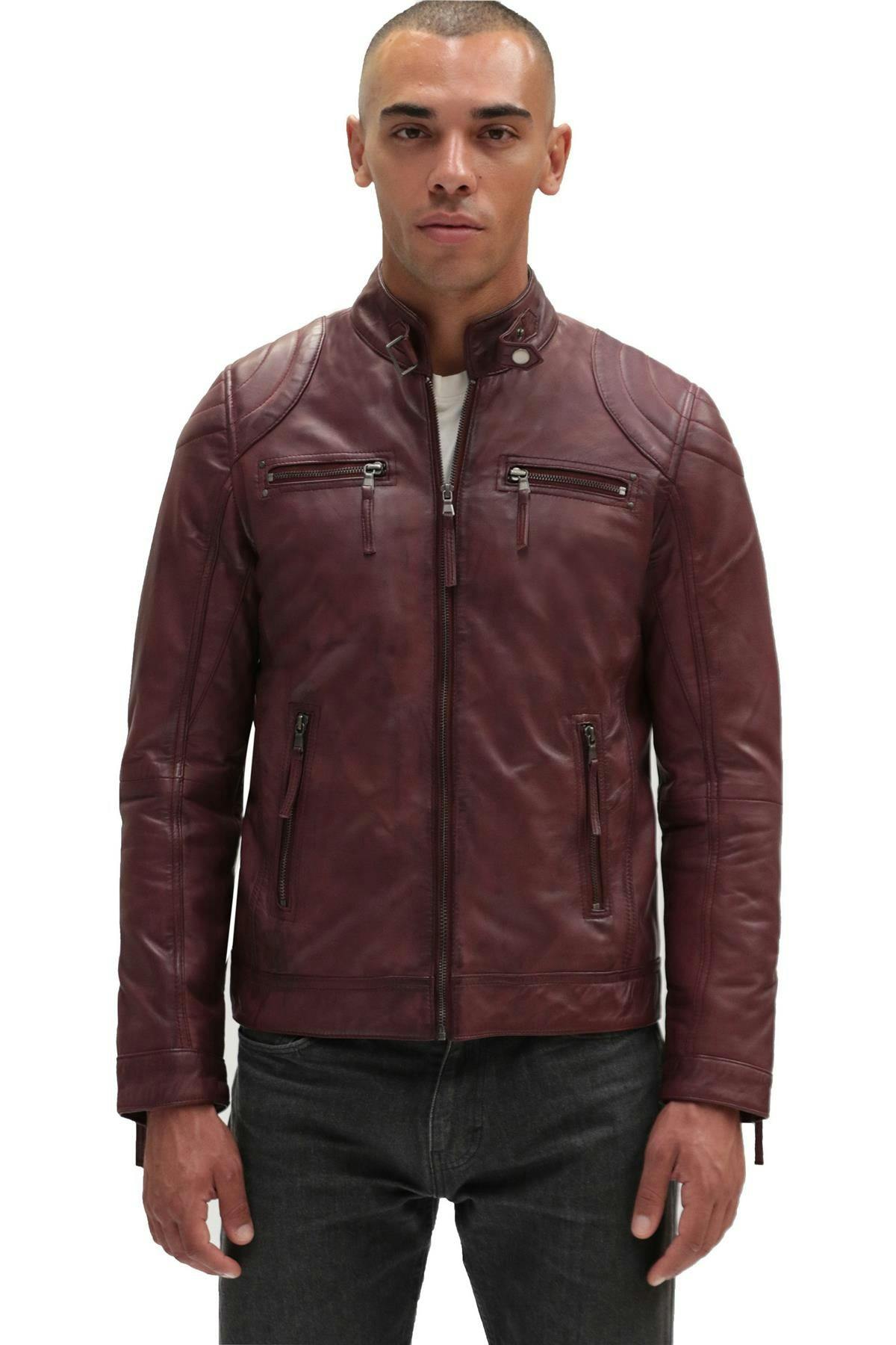 Infinity Leather Men's Burgundy Moto Leather Biker Jacket-Taiwan - Uk 3XL | Eu 56 | Us 46