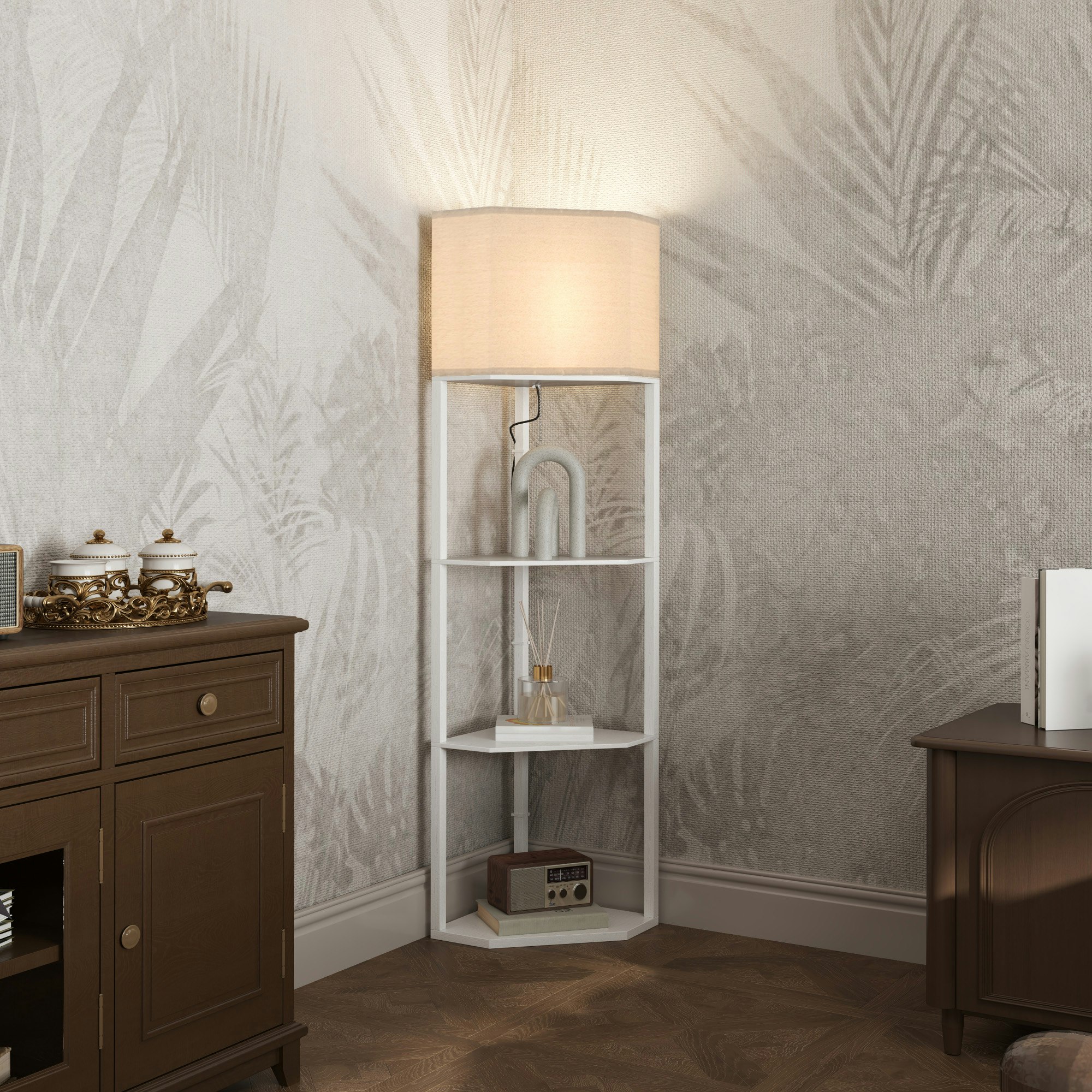 Homcom White Corner Modern Floor Lamp With Shelves For Living Room,