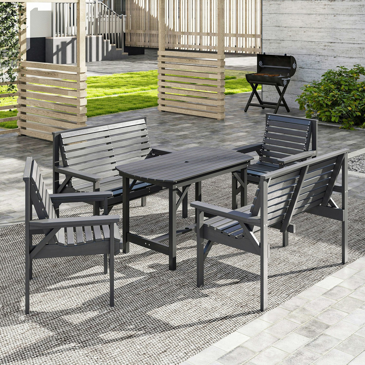 Rackhams Grey 5Pc Patio Dining Set Wooden Table And Chairs W/ Umbrella Hole