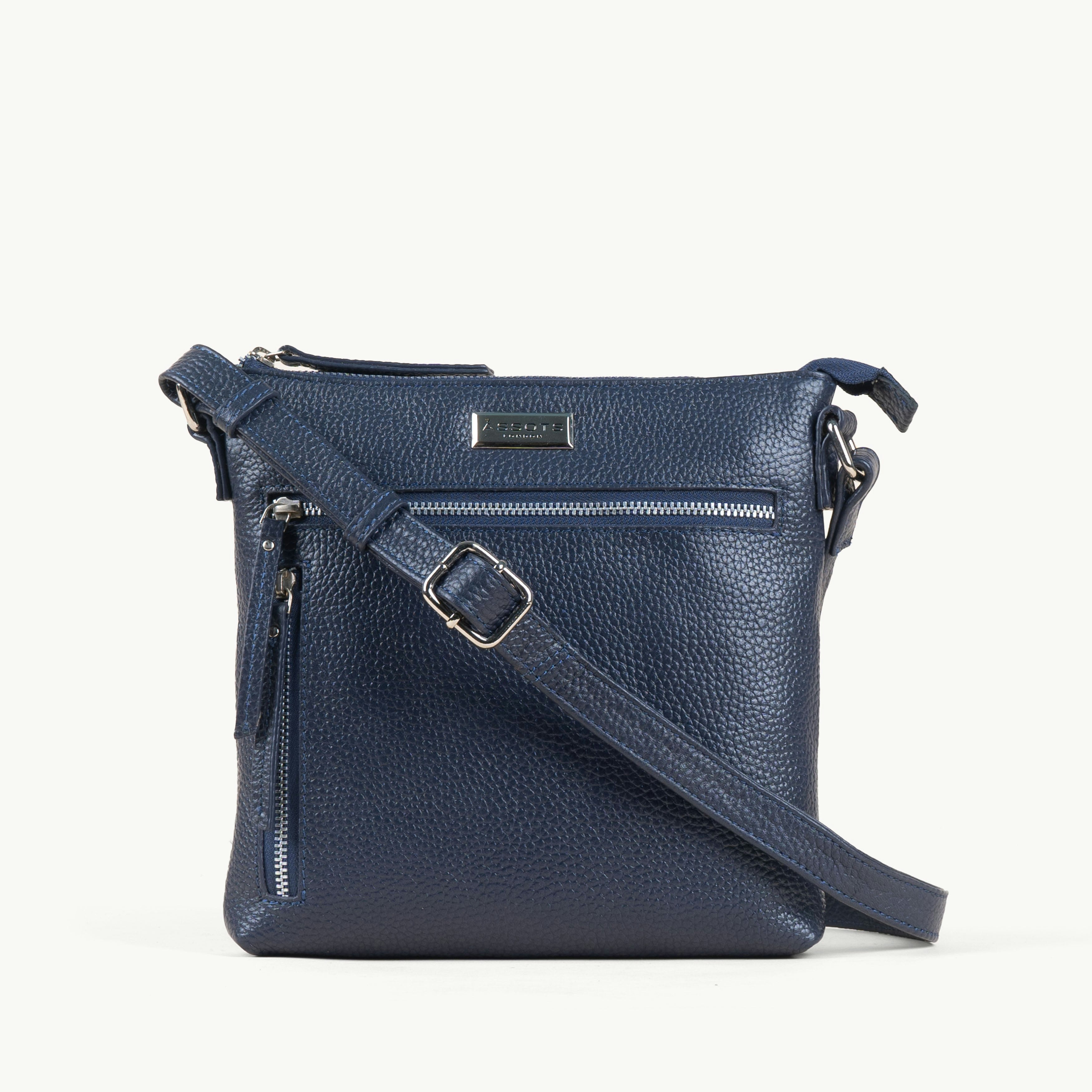 Assots London Grain 'Rue' Navy Pebble Real Leather Crossbody Bag