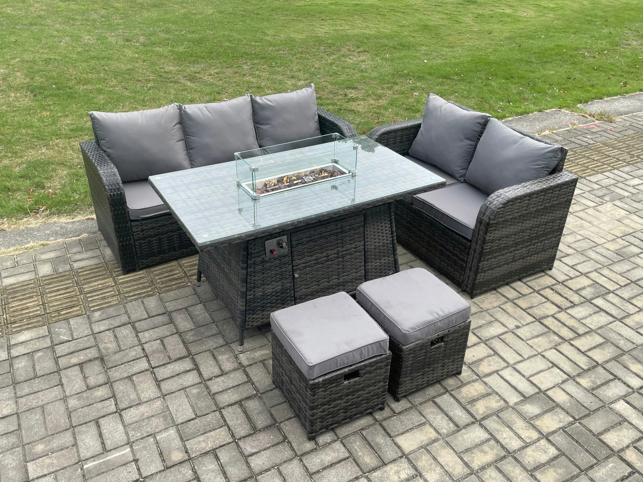 Rackhams Pe Wicker Outdoor Rattan Garden Furniture Set Propane Gas Fire Pit Table And Sofa Set With 2 Small Footstools