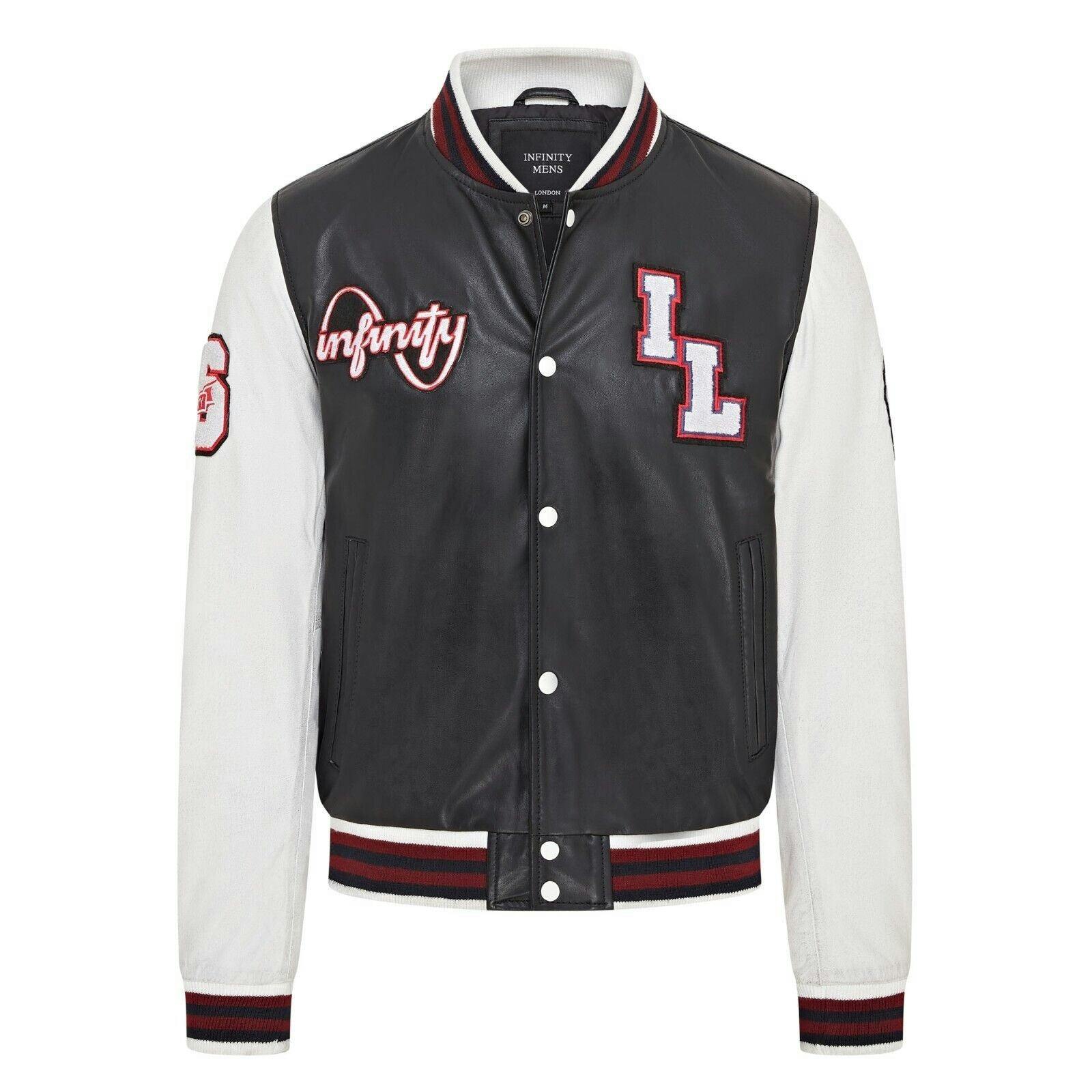 Infinity Leather Men's Black Baseball Leather Letterman Bomber Jacket - Ashwood - Uk 5XL | Eu 60 | Us 50