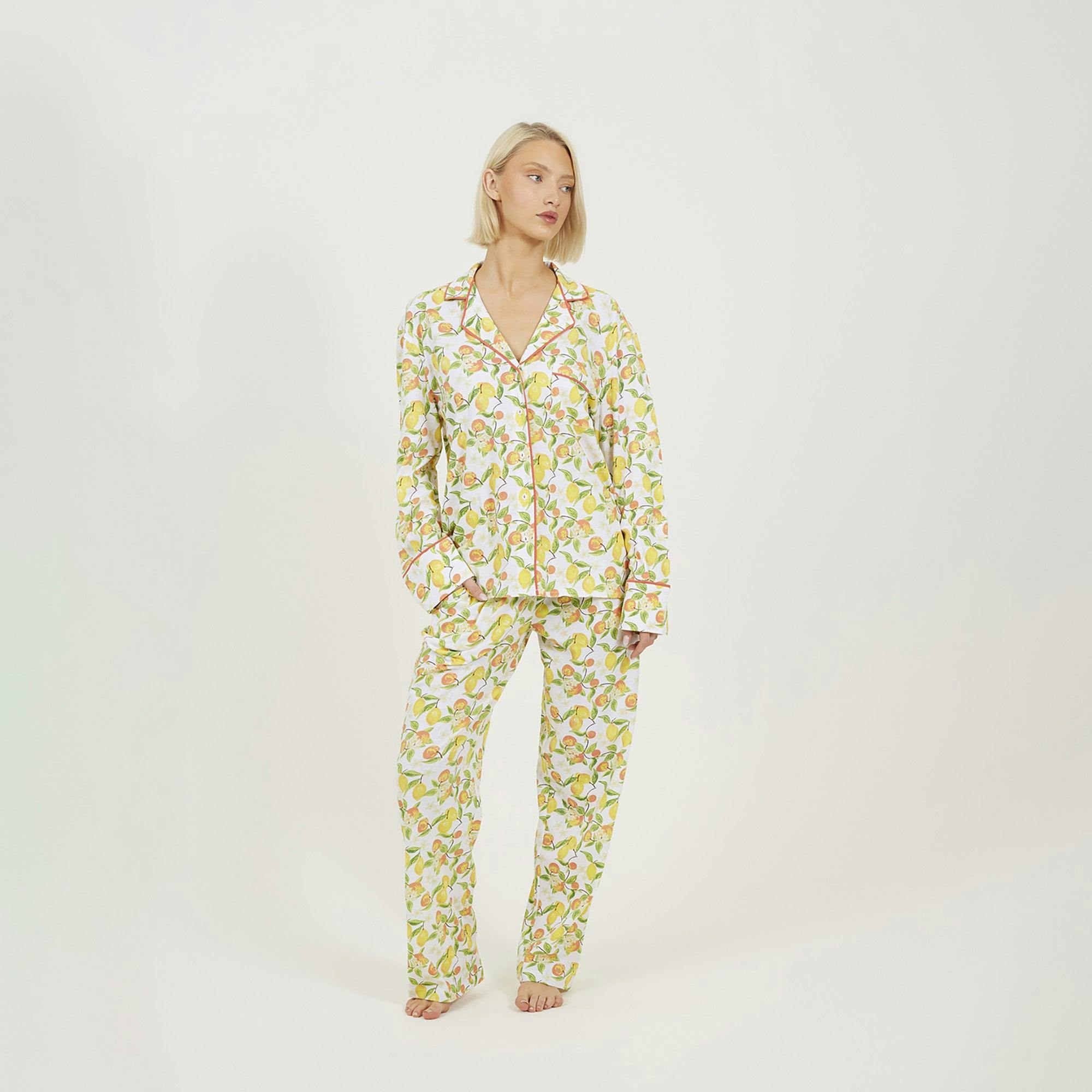 Brave Soul Yellow Printed Long Sleeve Button Down Pyjama Set - Xs