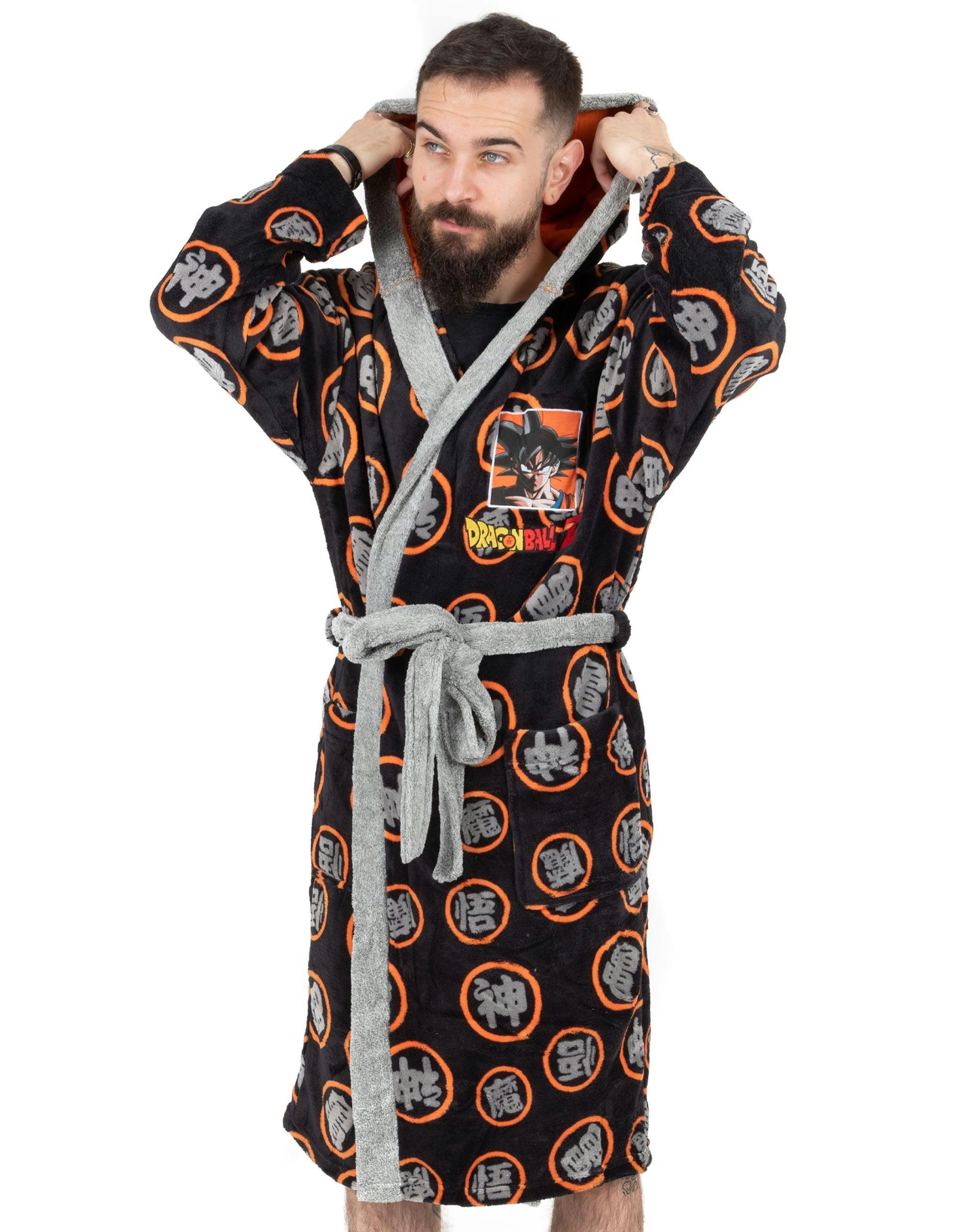 Vanilla Underground Men's Black/Grey/Orange Dragon Ball Z Goku Family Symbol Bathrobe - Small