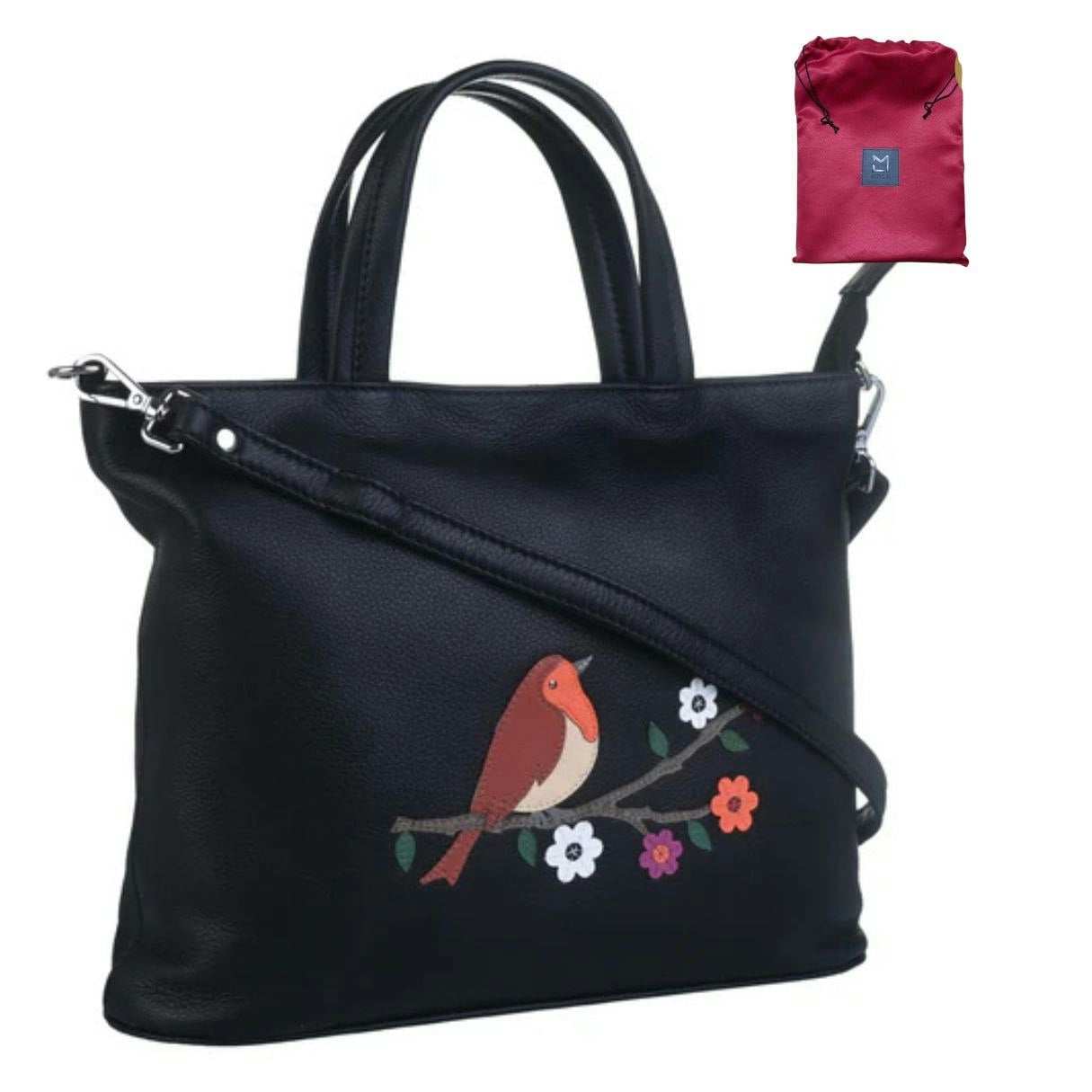 Mala Leather Black Robin Bird Multi-Way Leather Grab Bag