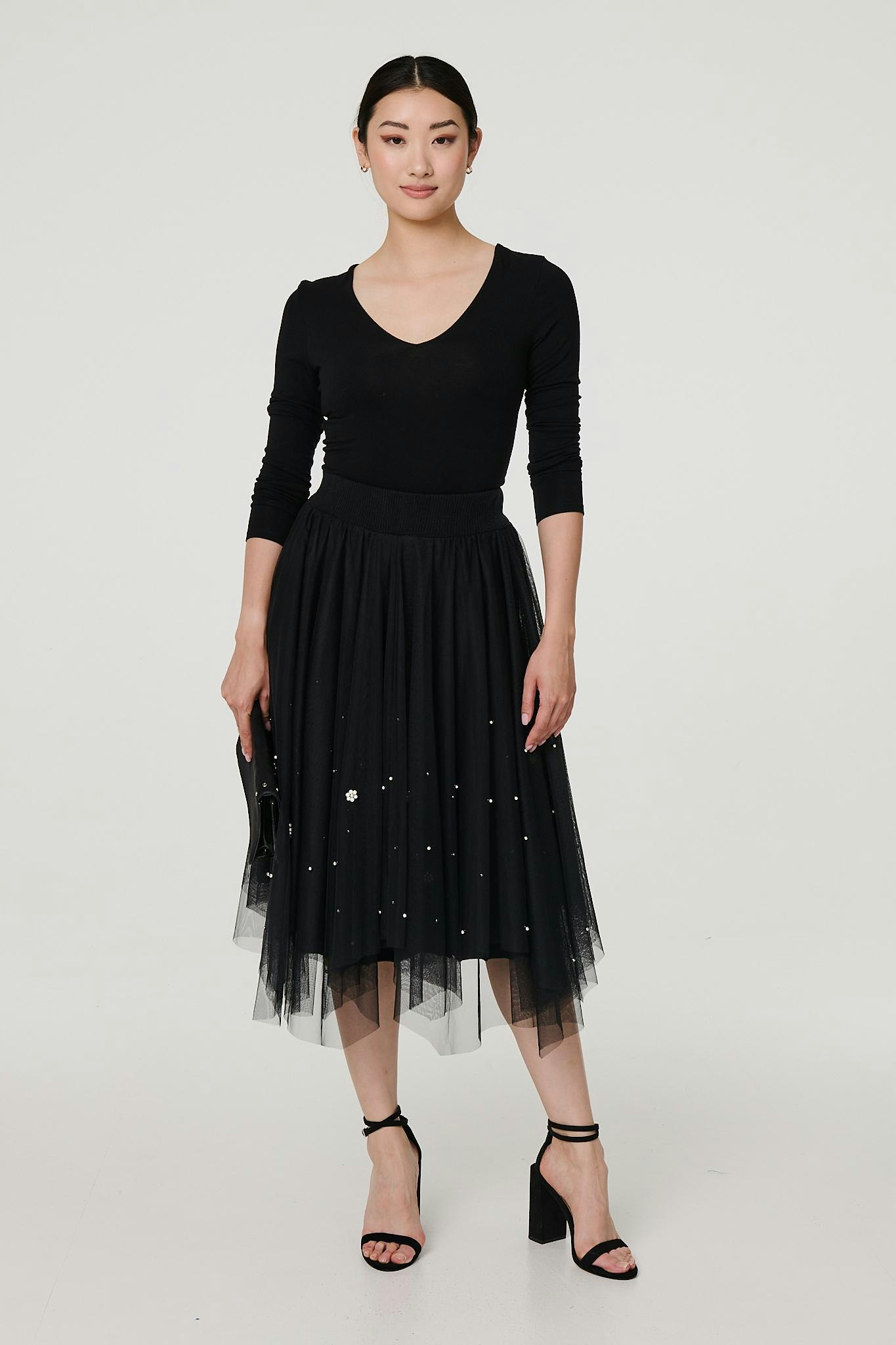 Izabel London Black Reversible Hanky Hem Mesh & Knit Midi Skirt - 14