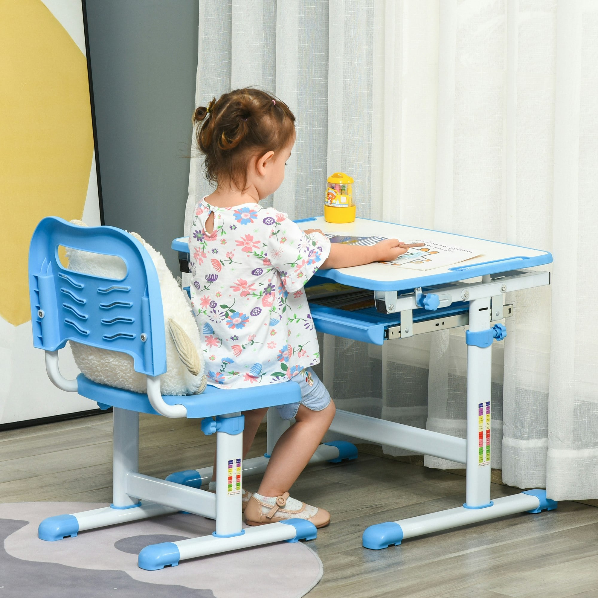 Homcom Blue Kids Desk & Chair Set, Height Adjustable Student Writing Desk, Children School Study Table With Tiltable Desktop, Drawer, Pen Slot, Hook