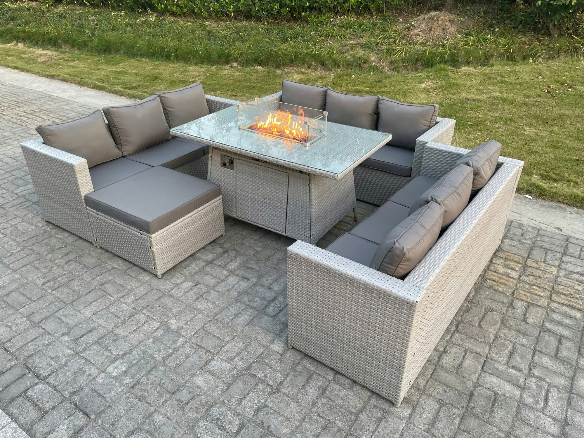 Rackhams Light/Grey U Shape Lounge Sofa Dining Set With Gas Fire Pit Rattan Garden Furniture Set Heater Burner Big Footstool