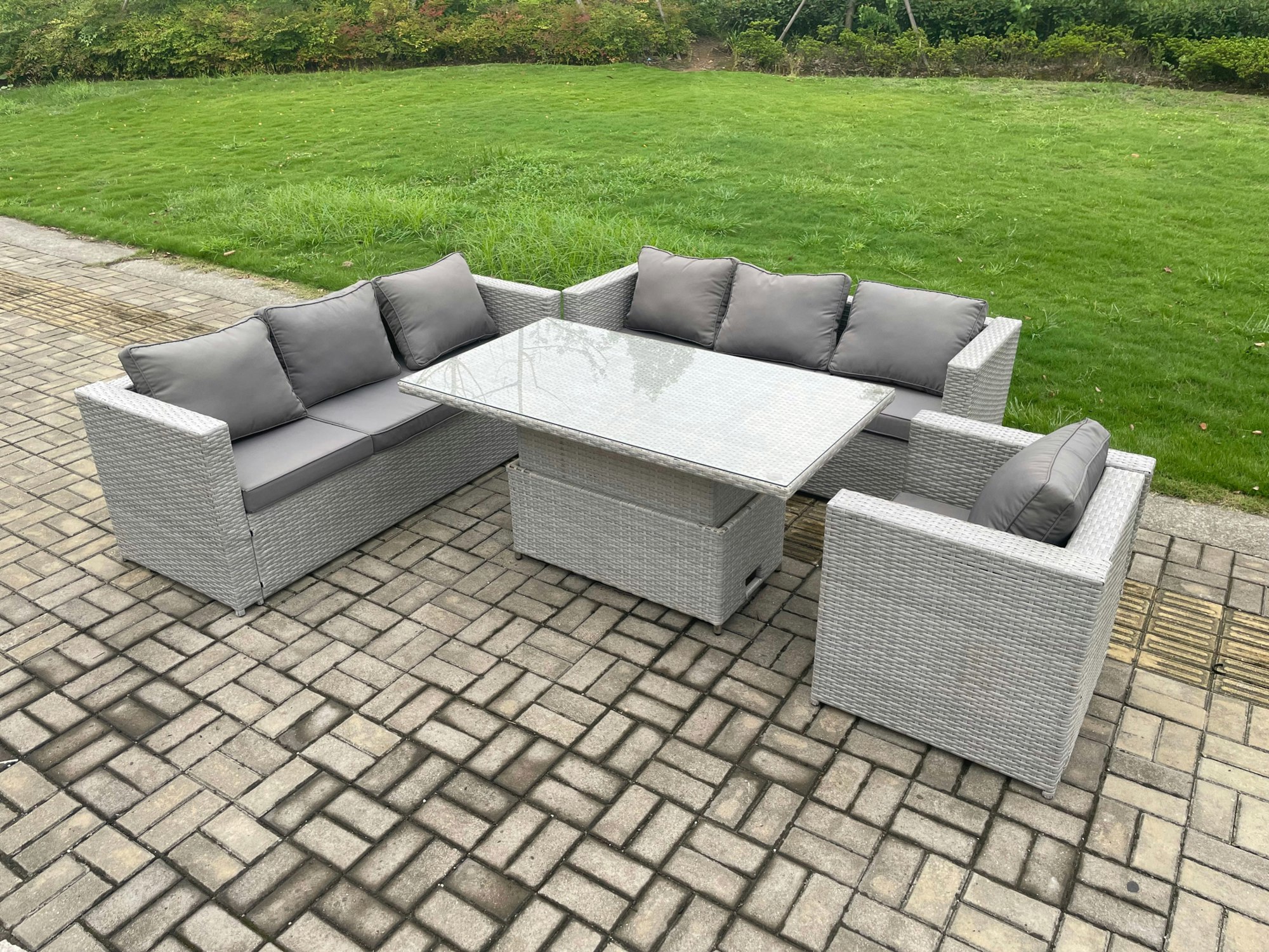 Fimous Outdoor Pe Rattan Garden Funiture Set Height Adjustable Rising Lifting Table Sofa Dining Set With Armchair