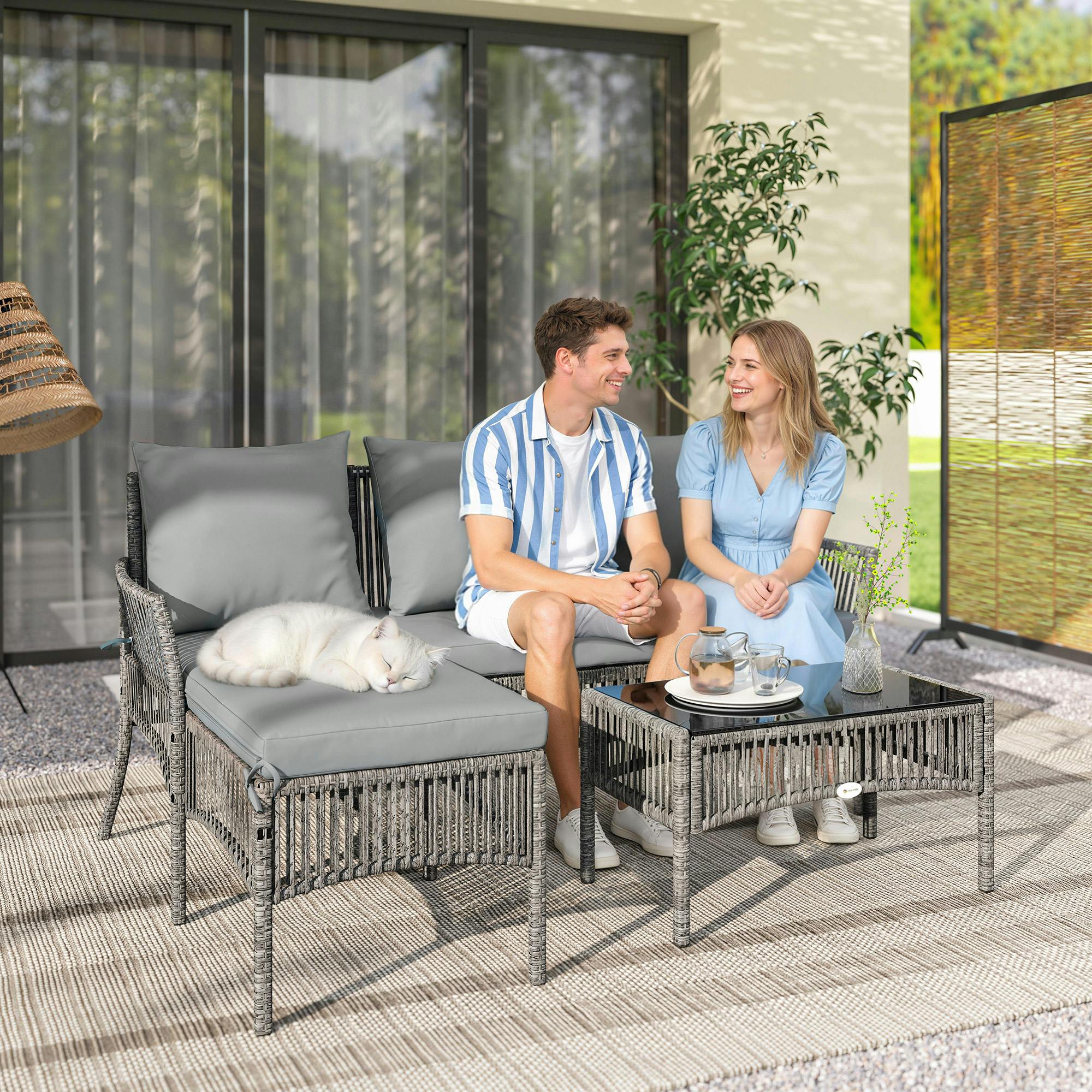 Rackhams Dark/Grey 3 Piece Rattan Garden Furniture Set With Cushions