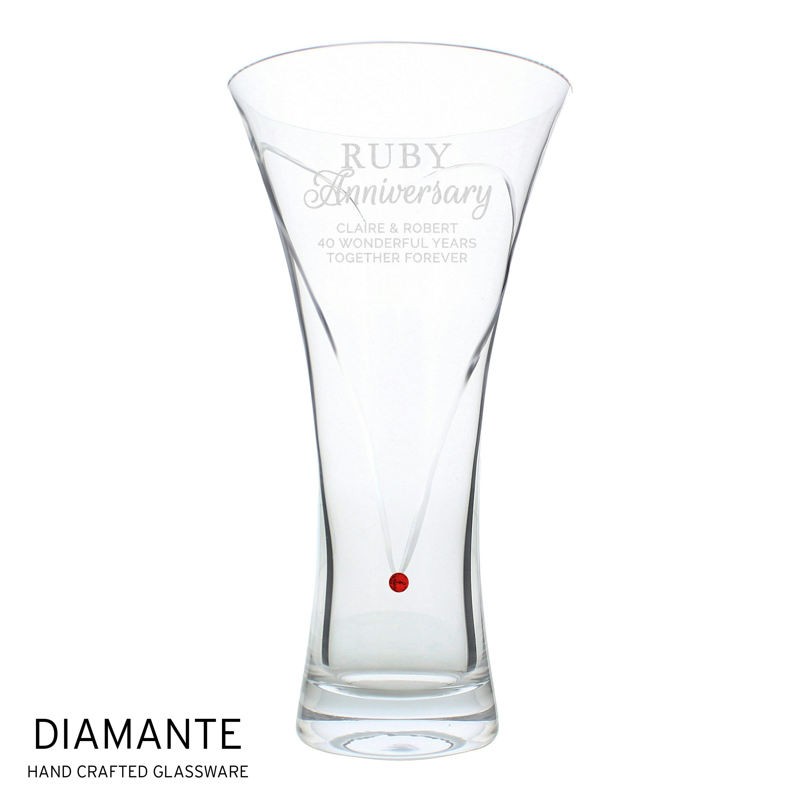 Rackhams Personalised Ruby Anniversary Large Hand Cut Diamante Heart Vase