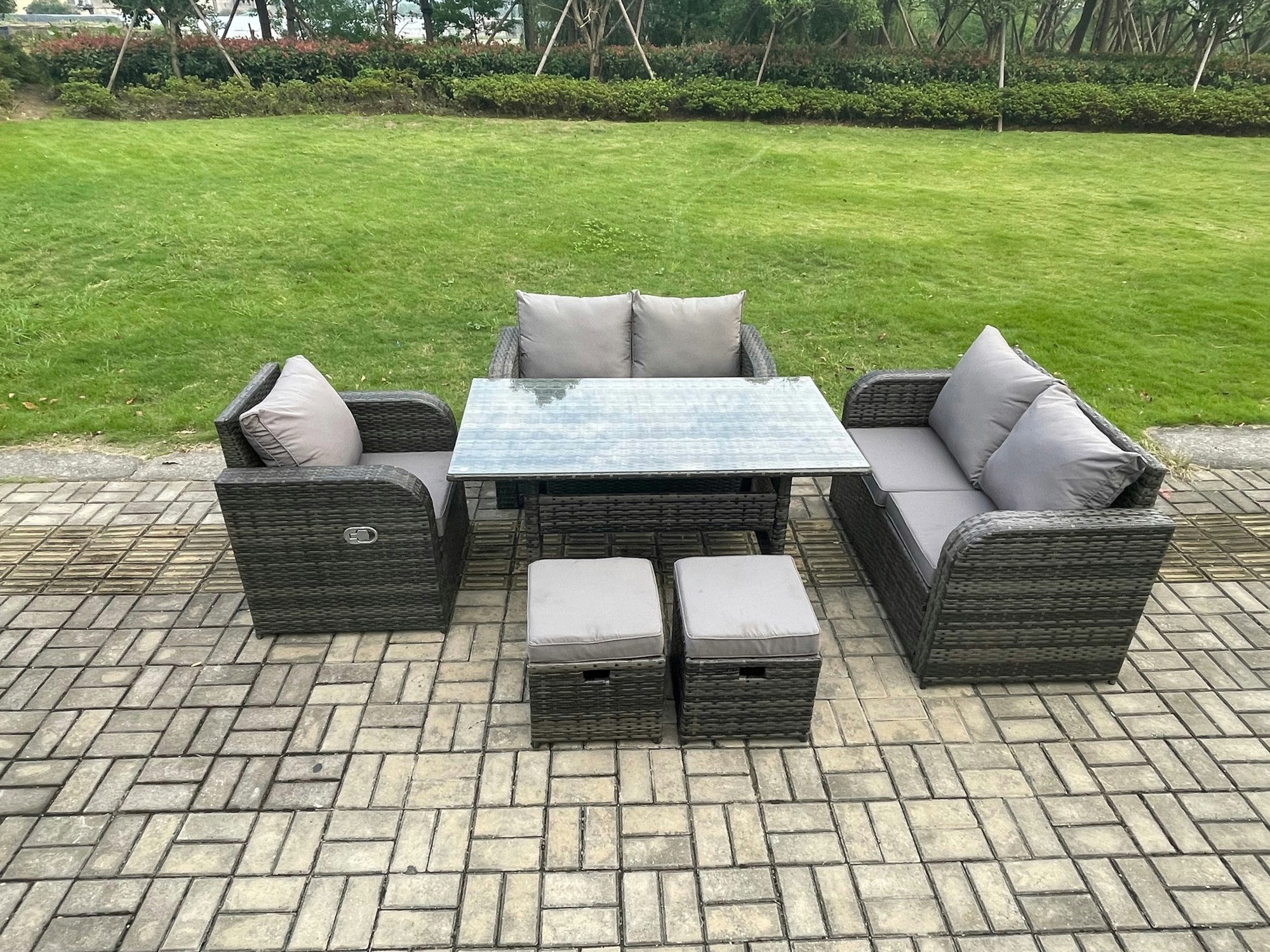 Rackhams Dark/Grey 7 Seater Lounge Rattan Sofa Set Outdoor Garden Furniture Oblong Rectangular Dining Table With Chairs Footstools Mixed