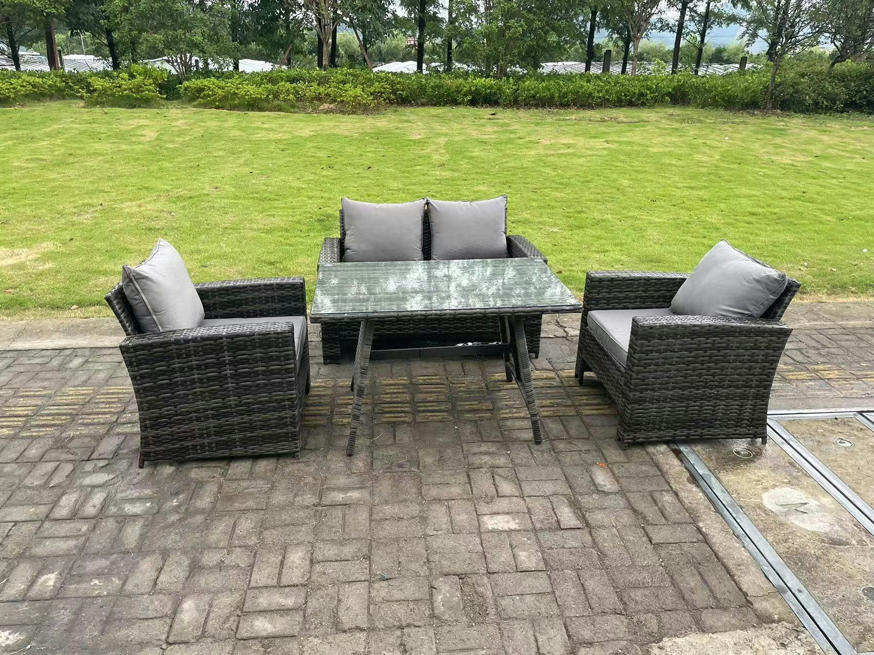 Fimous Dark/Grey 4 Seater Outdoor Mixed High Back Rattan Sofa Dining Table Set Garden Furniture Patio