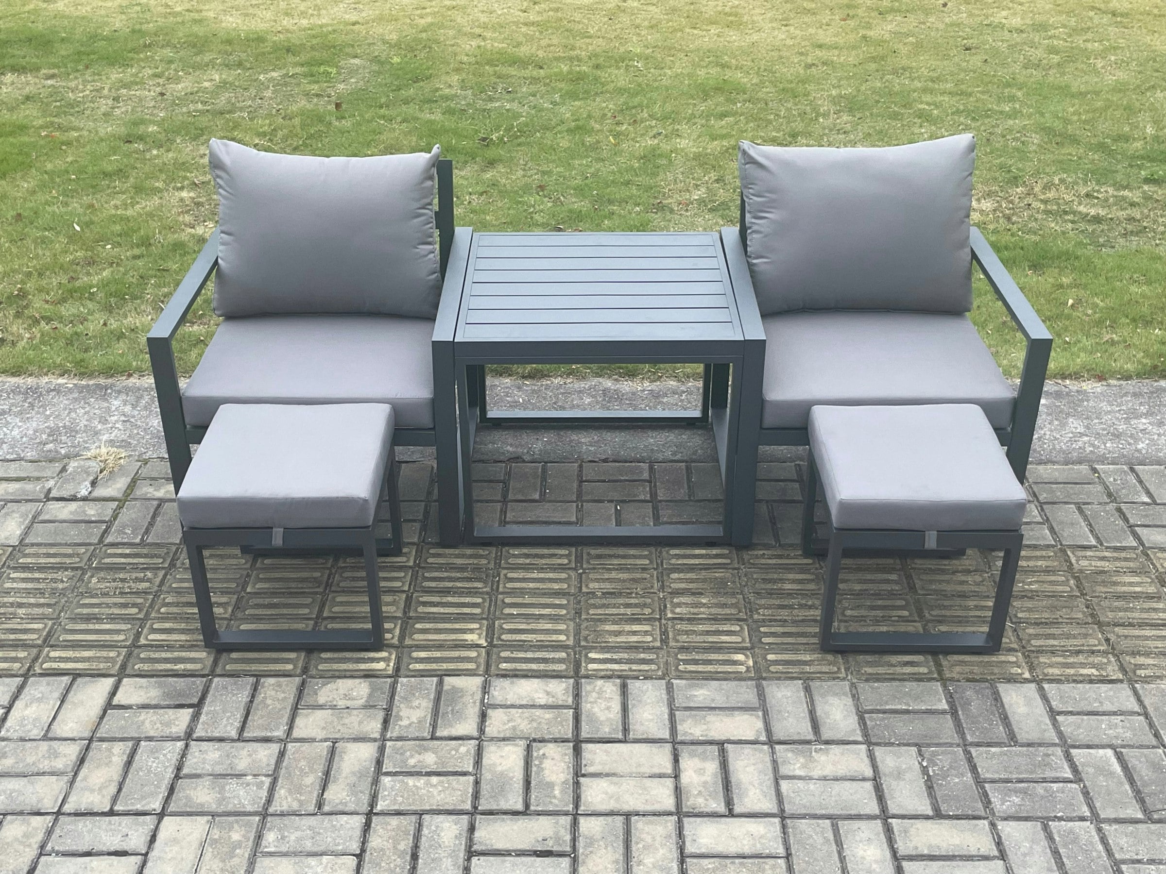 Rackhams Dark/Grey Aluminium 5 Pieces Garden Furniture Set Chair And 2 Small Footstool With Table Including Cushions