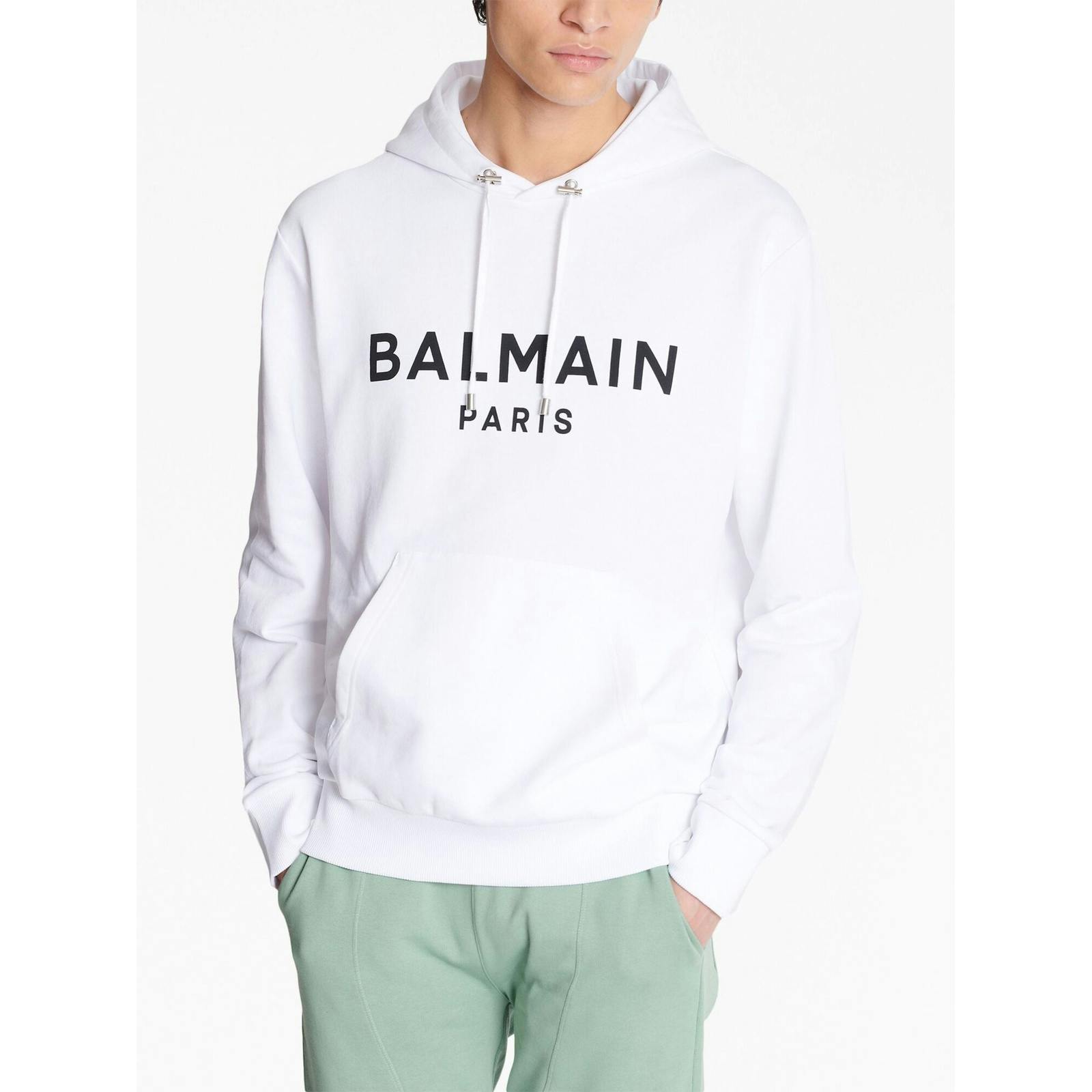 Balmain White Logo Printed Hoodie In - M