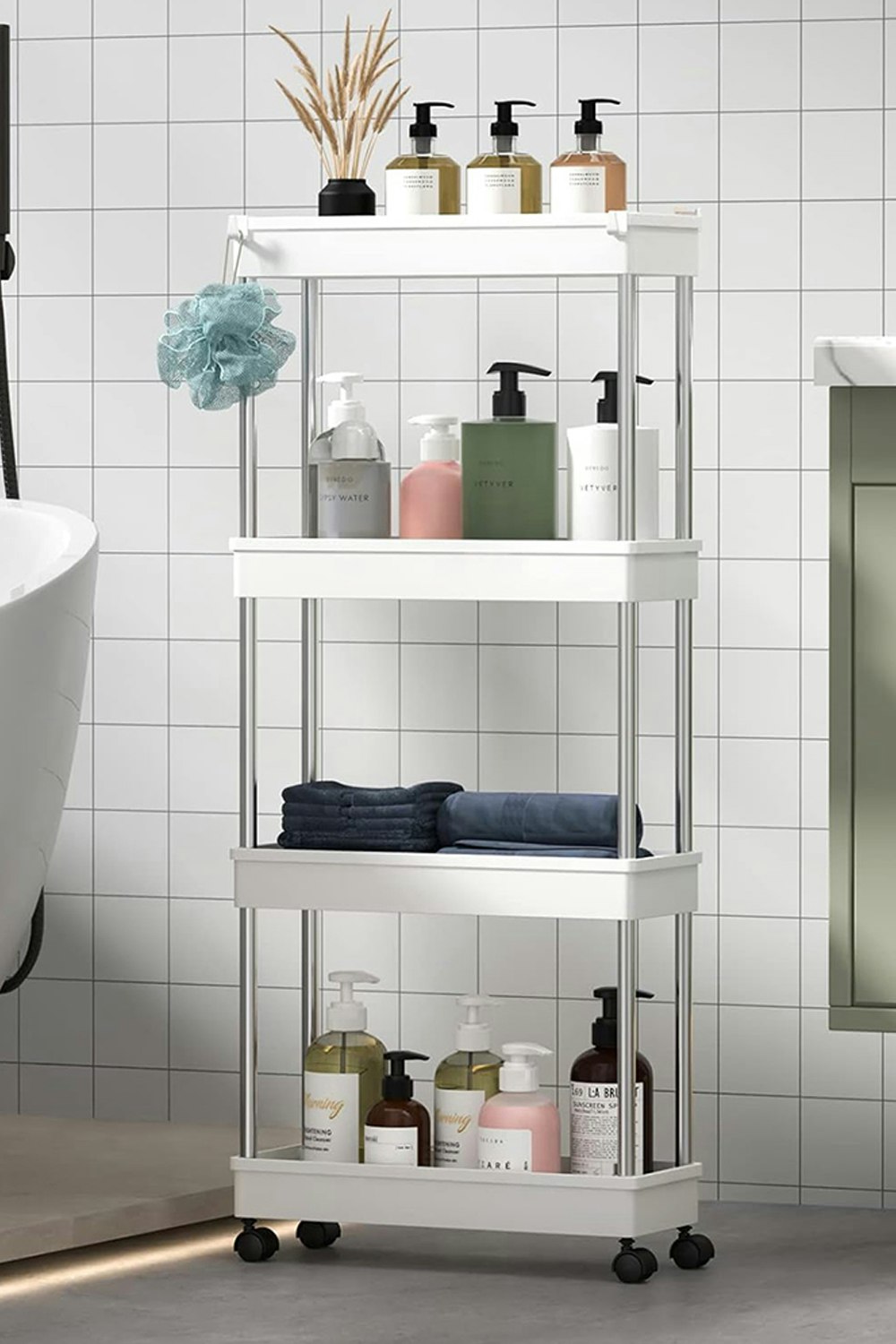 Living And Home White Slim Standing 4-Tier Corner Storage Rack Shelf Plastic For Kitchen Bathroom