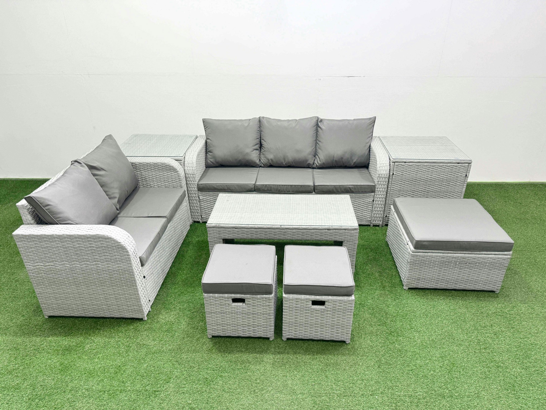 Rackhams Light/Grey/Dark 8 Seater Pe Rattan Wicker Garden Furniture Patio Conservatory Sofa Set With Oblong Coffee Table 3 Seater Sofa Love Sofa 3 Stool 2 Side Table